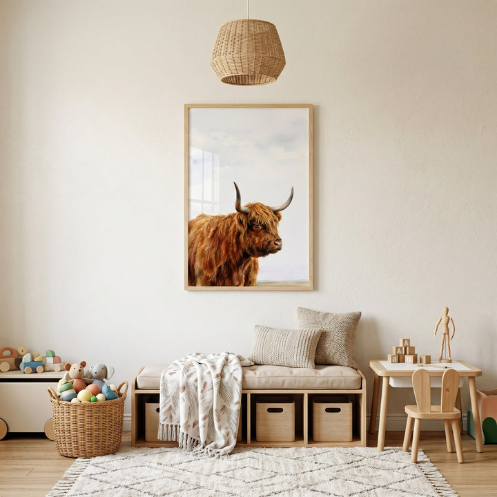 Ginger fur highland cow wall art hangs in a neutral nursery above a storage bench, toys, and a textured rug.