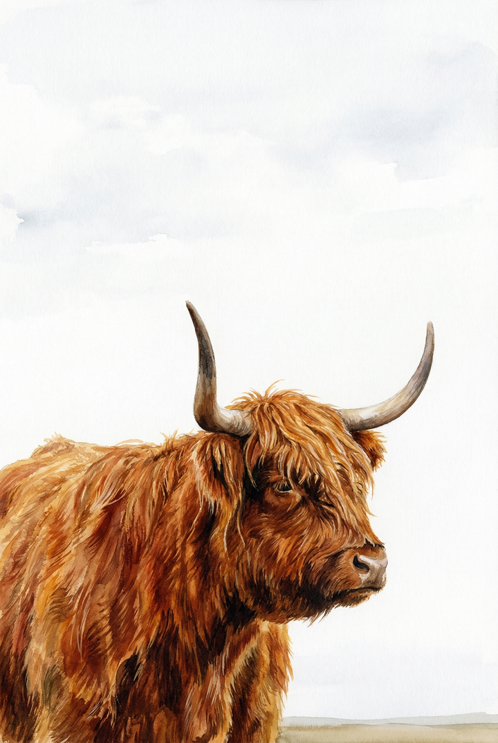 Close up watercolor of a highland cow with long curved horns and shaggy fur set against a light minimal background. The detailed brushwork highlights the texture of the coat and the calm expression.
