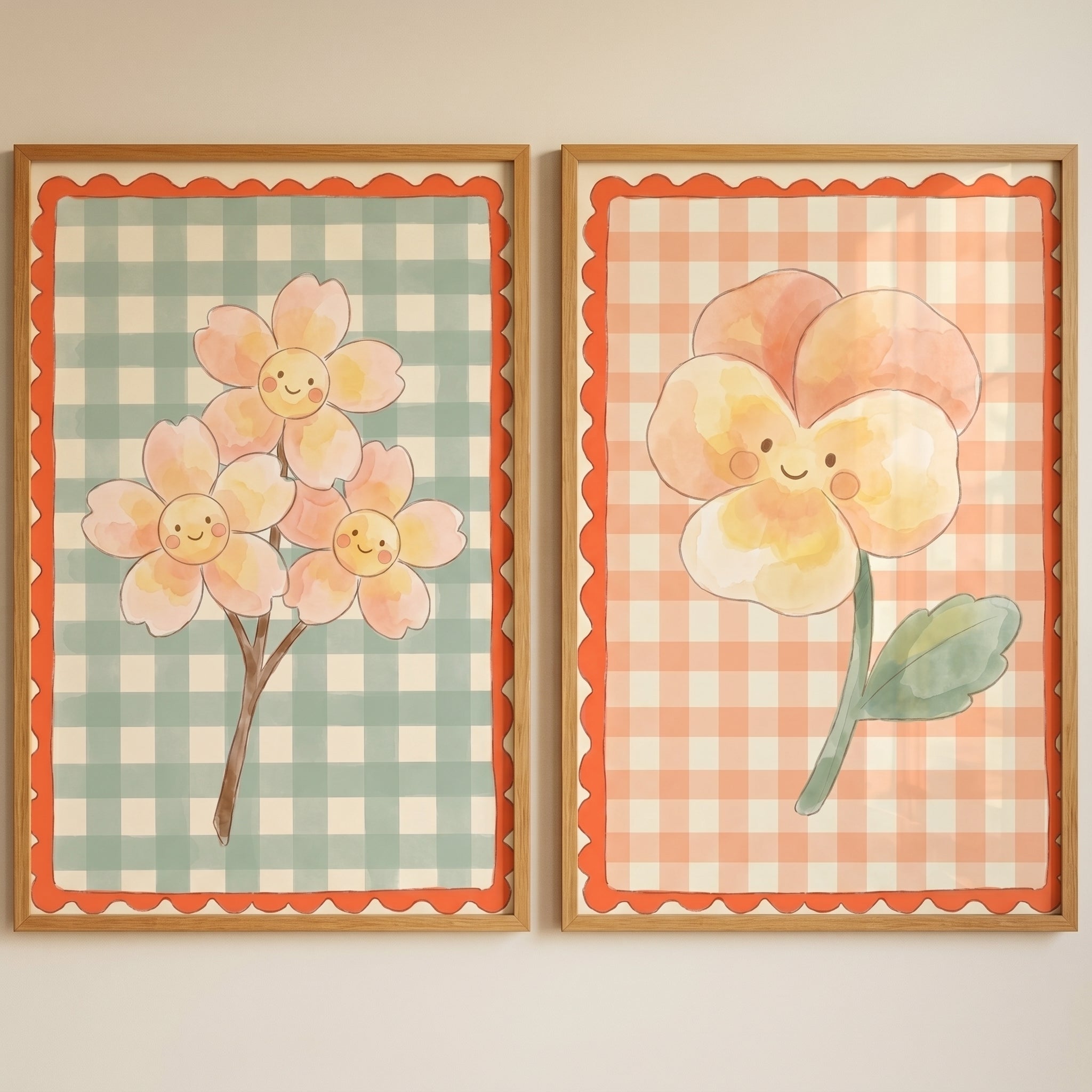 Gingham Background Smiling Flower Wall Art Set of 2 - Smiling Gingham Blooms