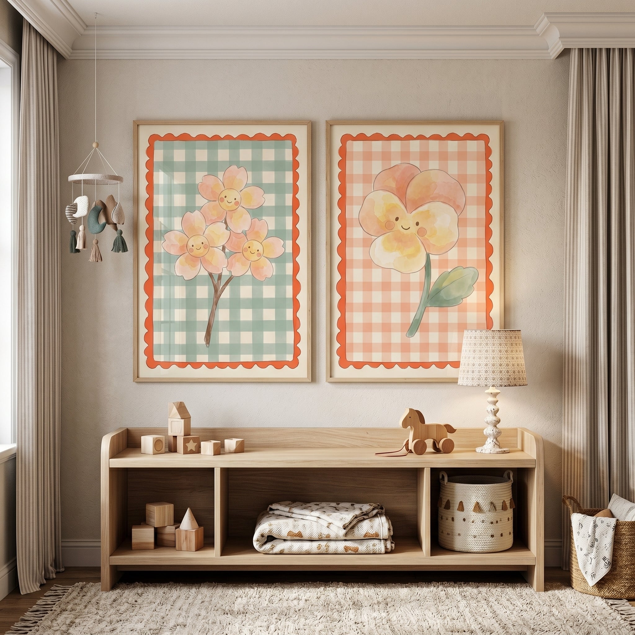 Gingham Background Smiling Flower Wall Art Set of 2 - Smiling Gingham Blooms