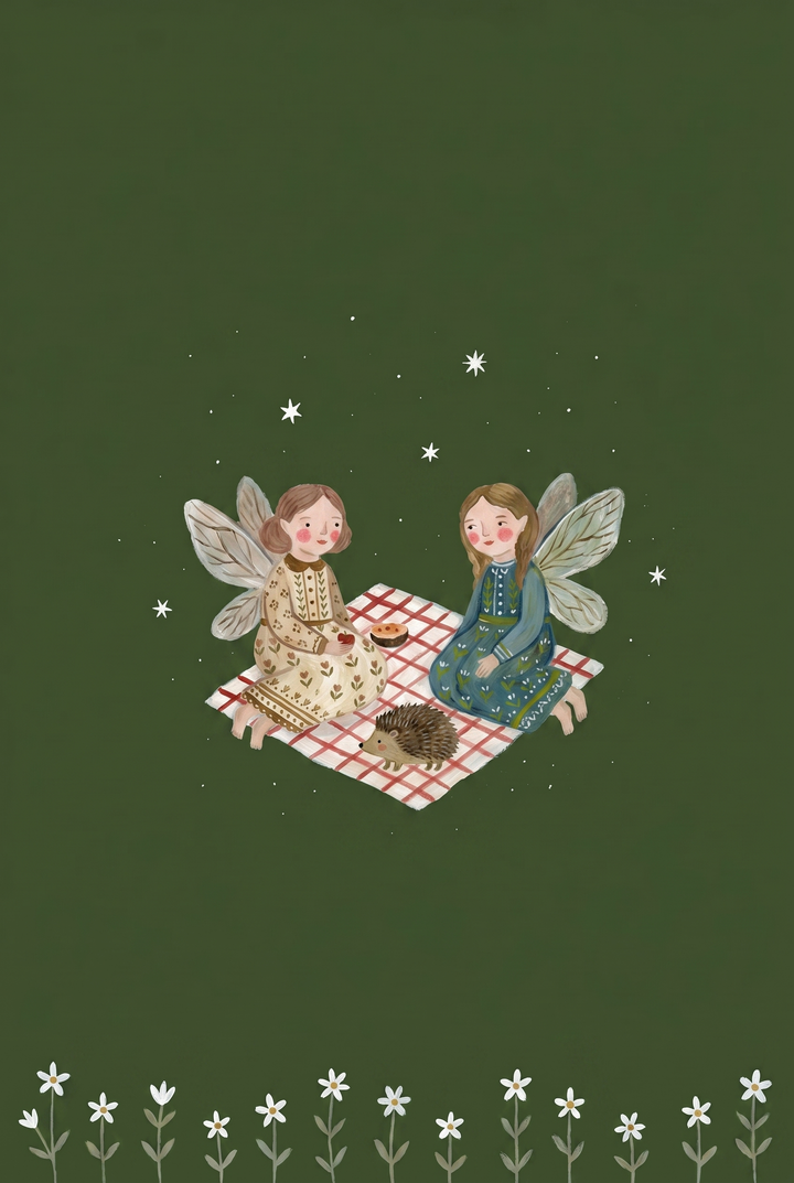 Gingham blanket picnic fairies wall art with two fairies and a hedgehog on a starry dark green background.