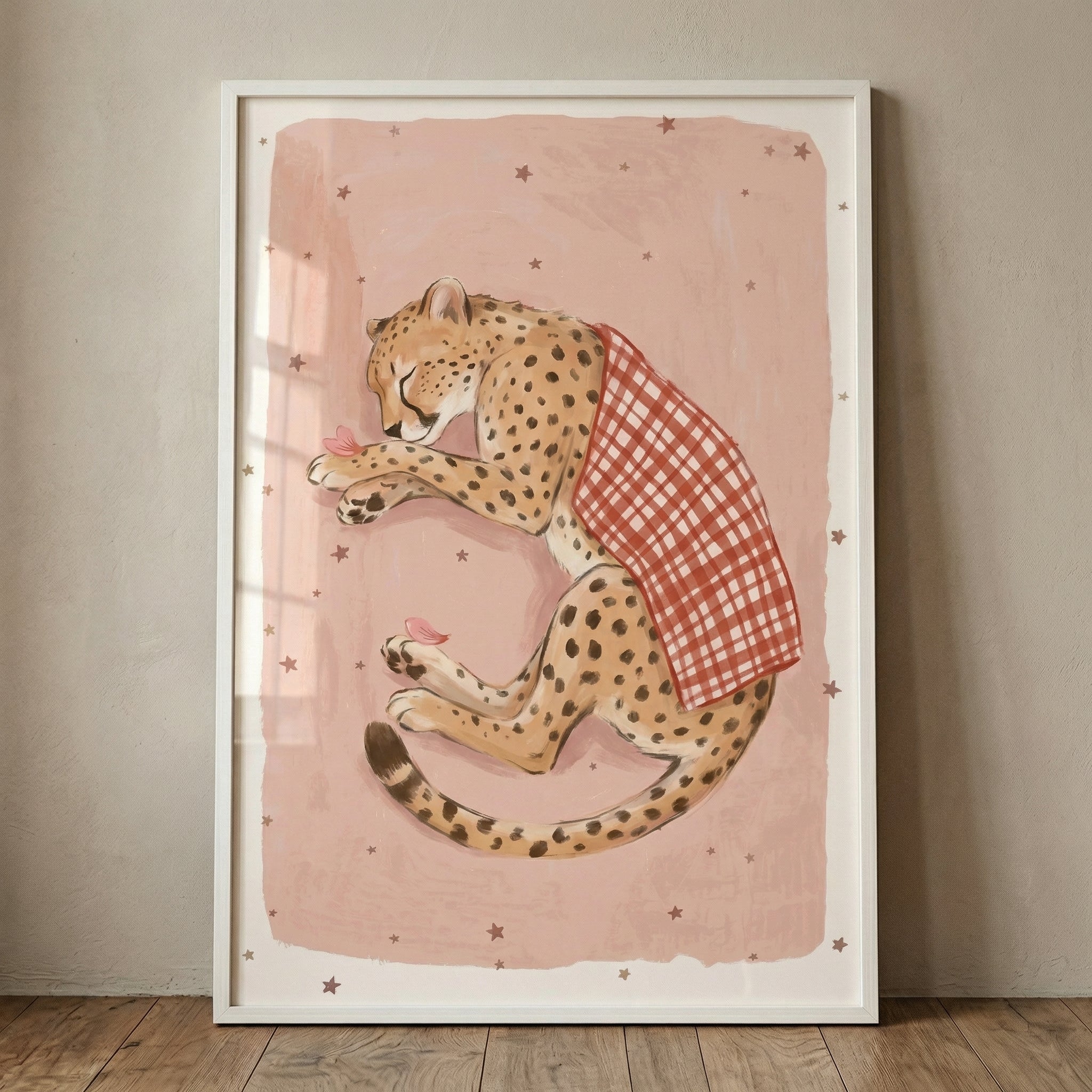 Gingham Blanket Sleeping Cheetah Wall Art - Cozy Cheetah Nap
