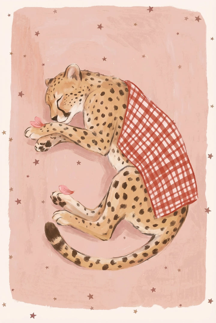 Sleeping cheetah curled up with eyes closed, draped in a red gingham blanket while gently holding a small pink butterfly, set against a soft pink background with scattered stars. The cozy pose creates a calm and dreamy bedtime feel.

