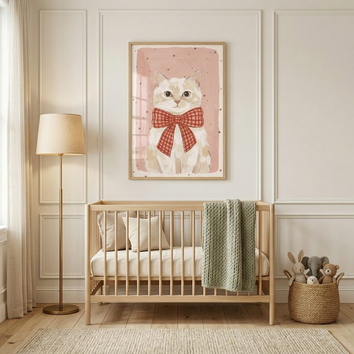 A minimalist nursery showcases a light-wood crib set against an off-white paneled wall. Above the crib, a large framed artwork depicts a cream cat with a red and white checkered bow on a pale pink background. A textured green blanket is draped over the crib rail. To the left stands a slender floor lamp with a neutral shade, while a woven basket filled with plush animals sits to the right on the wooden floor. Soft light filters in through white curtains on the left.