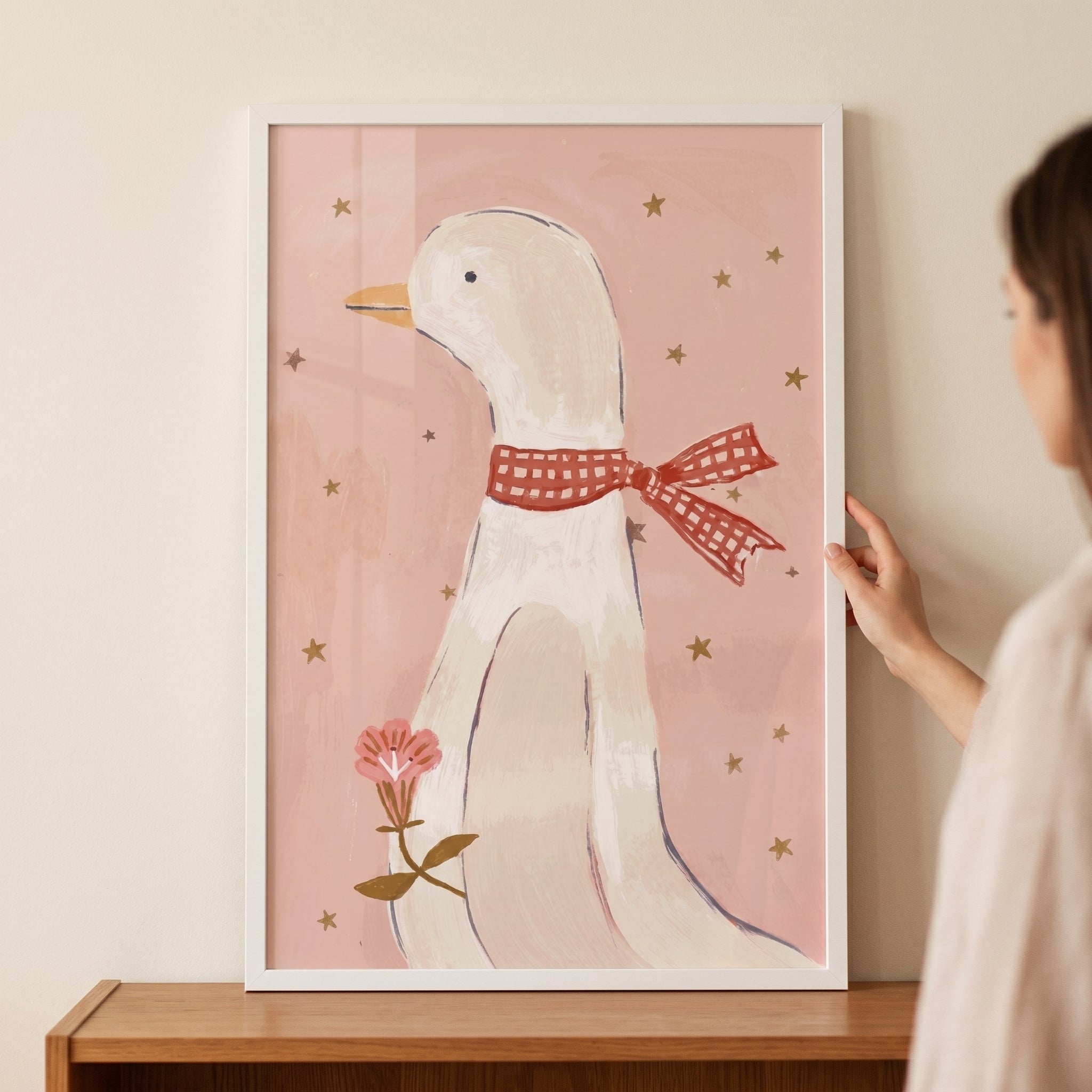 Gingham Necktie White Goose Wall Art - Checkered Bow Goose