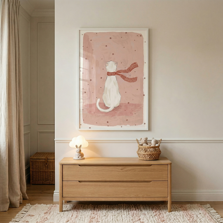 A minimalist and cozy interior scene features a light-toned wooden dresser centered against an off-white wall. Above the dresser hangs a large, vertically oriented framed art piece. The artwork displays a simplified illustration of a white cat seen from behind, sitting against a dusty rose background speckled with small, dark stars. The cat wears a long, red-and-white checkered scarf that flutters to the right.
