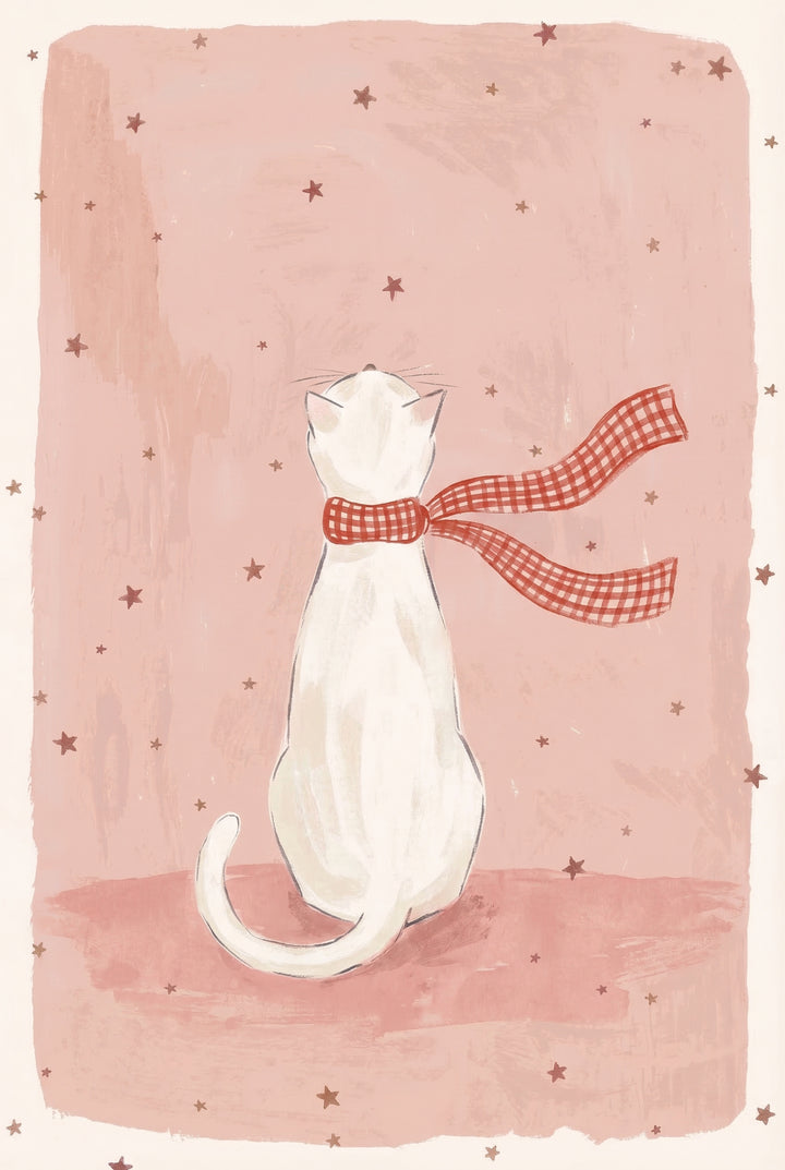 White cat seen from behind sitting and looking upward with a red gingham scarf flowing to the side, surrounded by a soft pink background dotted with stars. The scene feels quiet and reflective with a gentle sense of motion.
