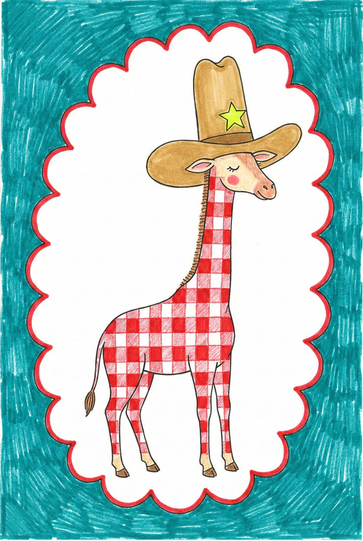 A whimsical framed illustration features a red and white checkered giraffe wearing a large brown cowboy hat with a green star. The artwork is set against a teal, crayon-textured background with a scalloped white border.