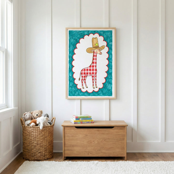 A whimsical framed illustration features a red-and-white checkered giraffe wearing a large brown cowboy hat with a green star. The artwork is set against a teal, crayon-textured background with a scalloped white border and is displayed above a wooden toy chest in a bright room.