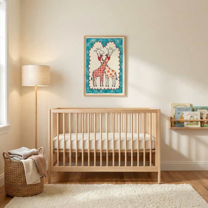 Framed whimsical giraffe art hangs above a light wood crib in a cozy nursery, featuring two cartoon giraffes in playful clothing patterns with a scalloped blue and red border, adding a cheerful animal-themed touch to the space.