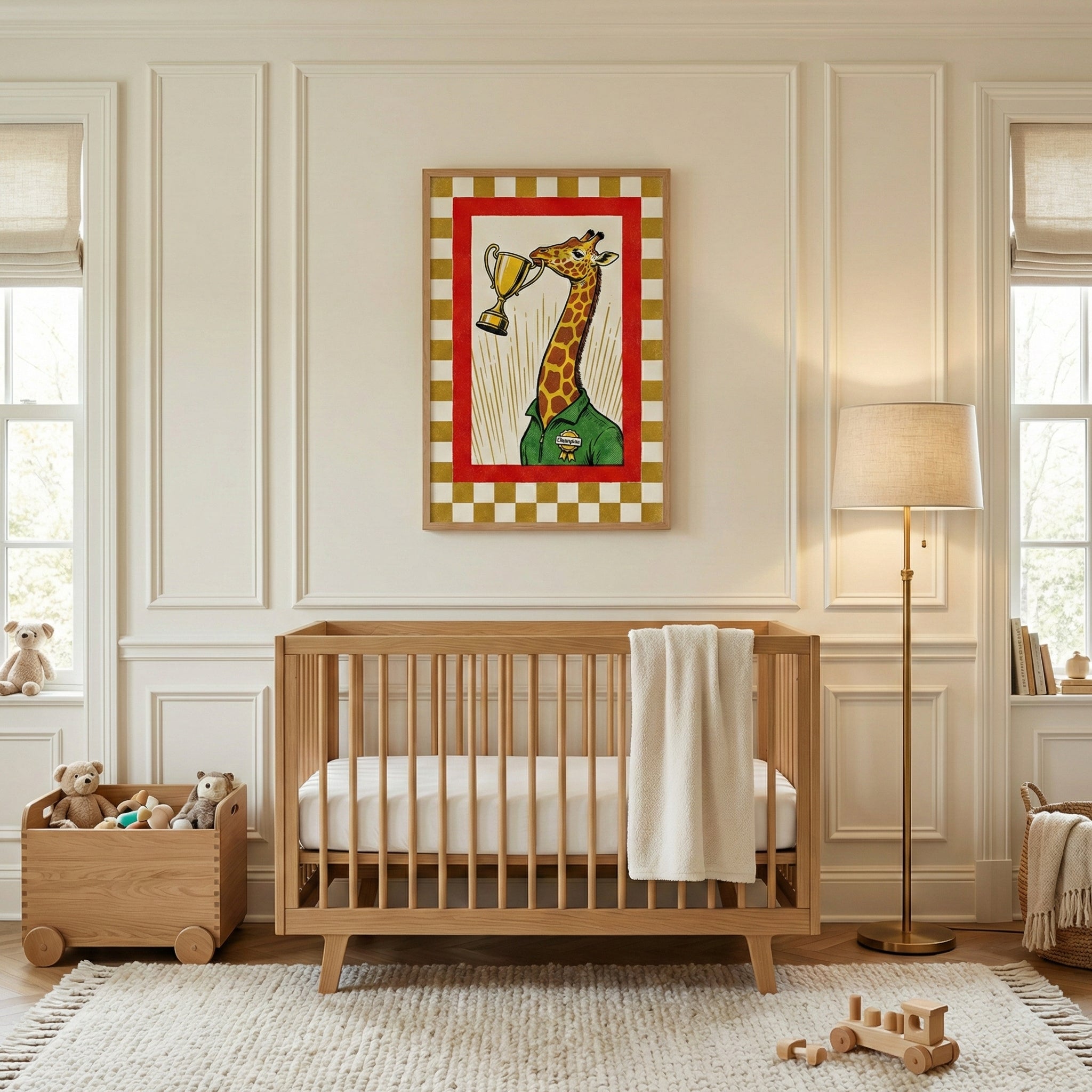 A well-lit, modern nursery featuring a light-toned wooden crib centered against a wall with decorative molding. Above the crib is a framed illustration of a cartoon giraffe in a green shirt holding a gold trophy. To the left, a wooden toy chest on wheels holds plush animals, and to the right, a tall floor lamp with a beige shade stands by a window. A cream-colored textured rug covers the floor, with a wooden toy train placed in the foreground.