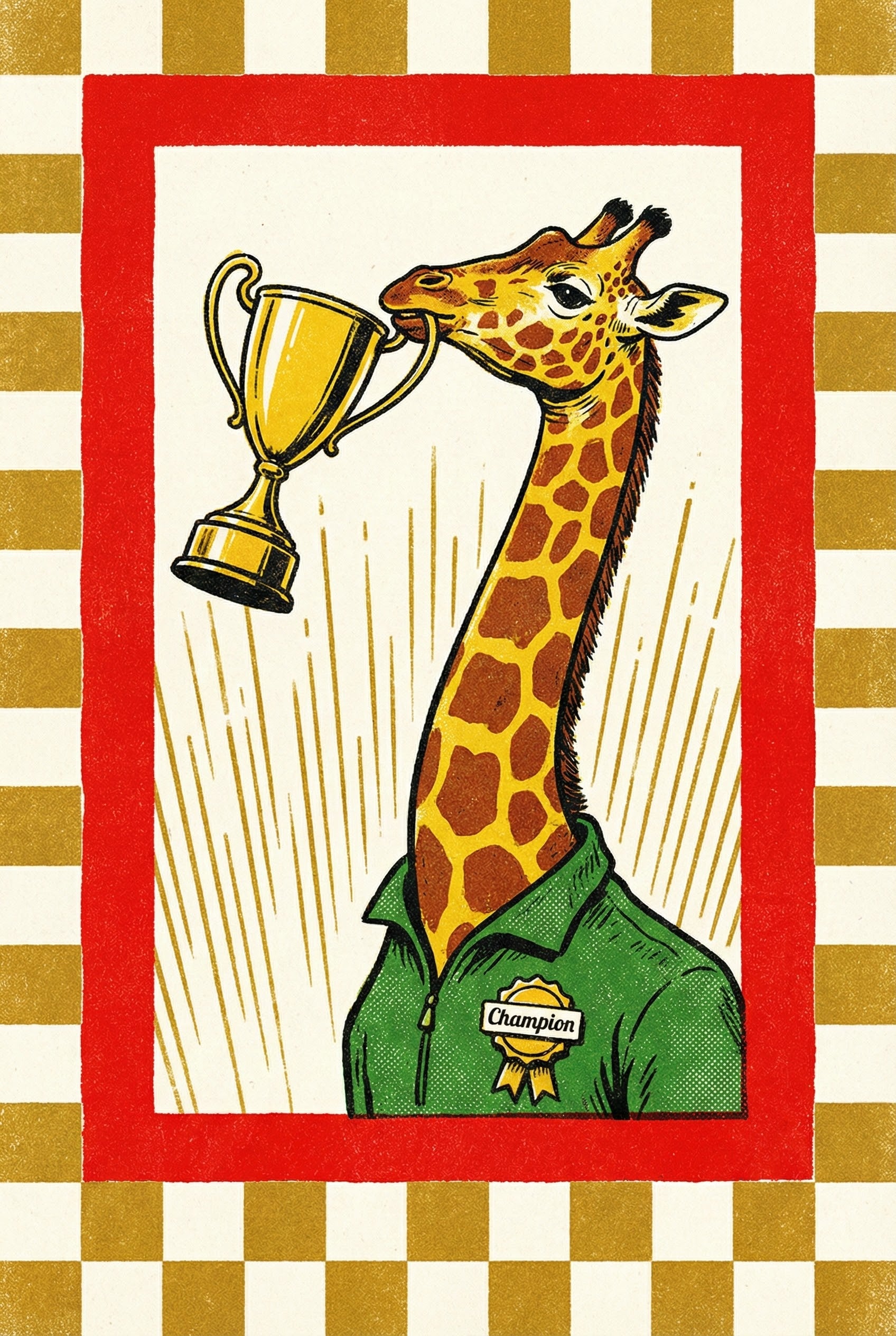 Illustration of a proud giraffe wearing a green shirt with a “Champion” ribbon, holding a golden trophy in its mouth, framed in red with gold and white checkered edges.