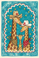 Adorable illustration of a giraffe family dressed in Western cowboy attire, with two adult giraffes wearing star-topped hats and patterned bandanas, and a baby giraffe in a small yellow neckerchief. The background features scattered yellow stars on a teal crayon-textured backdrop, framed with a wavy red and white border for a whimsical Western look.
