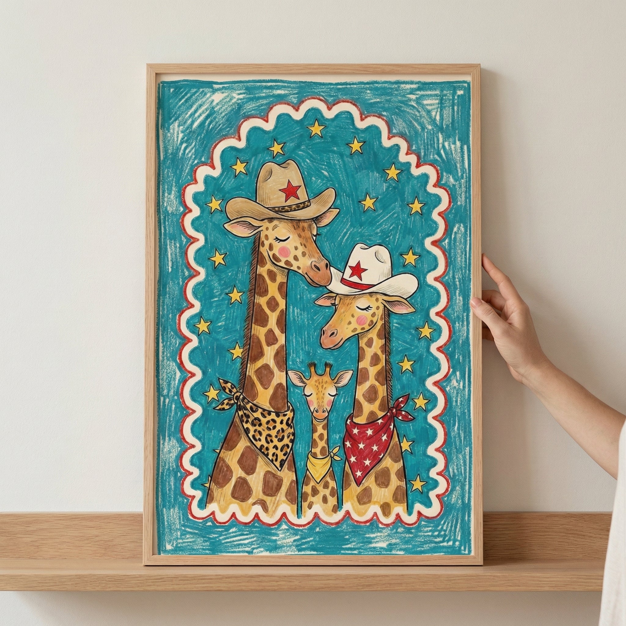 Framed illustration of a giraffe family dressed in western cowboy attire, hanging above a light wood dresser in a neutral-toned living space. The playful artwork features two adult giraffes in cowboy hats and bandanas with a baby giraffe between them, set against a starry teal background.