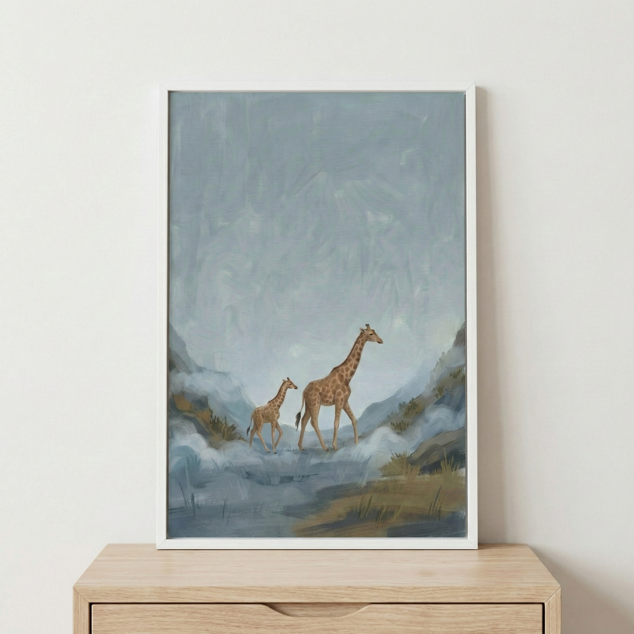 Giraffe Family Misty Mountain Landscape Wall Art - Misty Mountain Giants