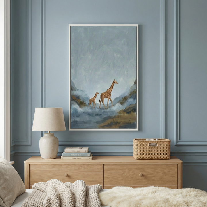 Giraffe Family Misty Mountain Landscape Wall Art - Misty Mountain Giants