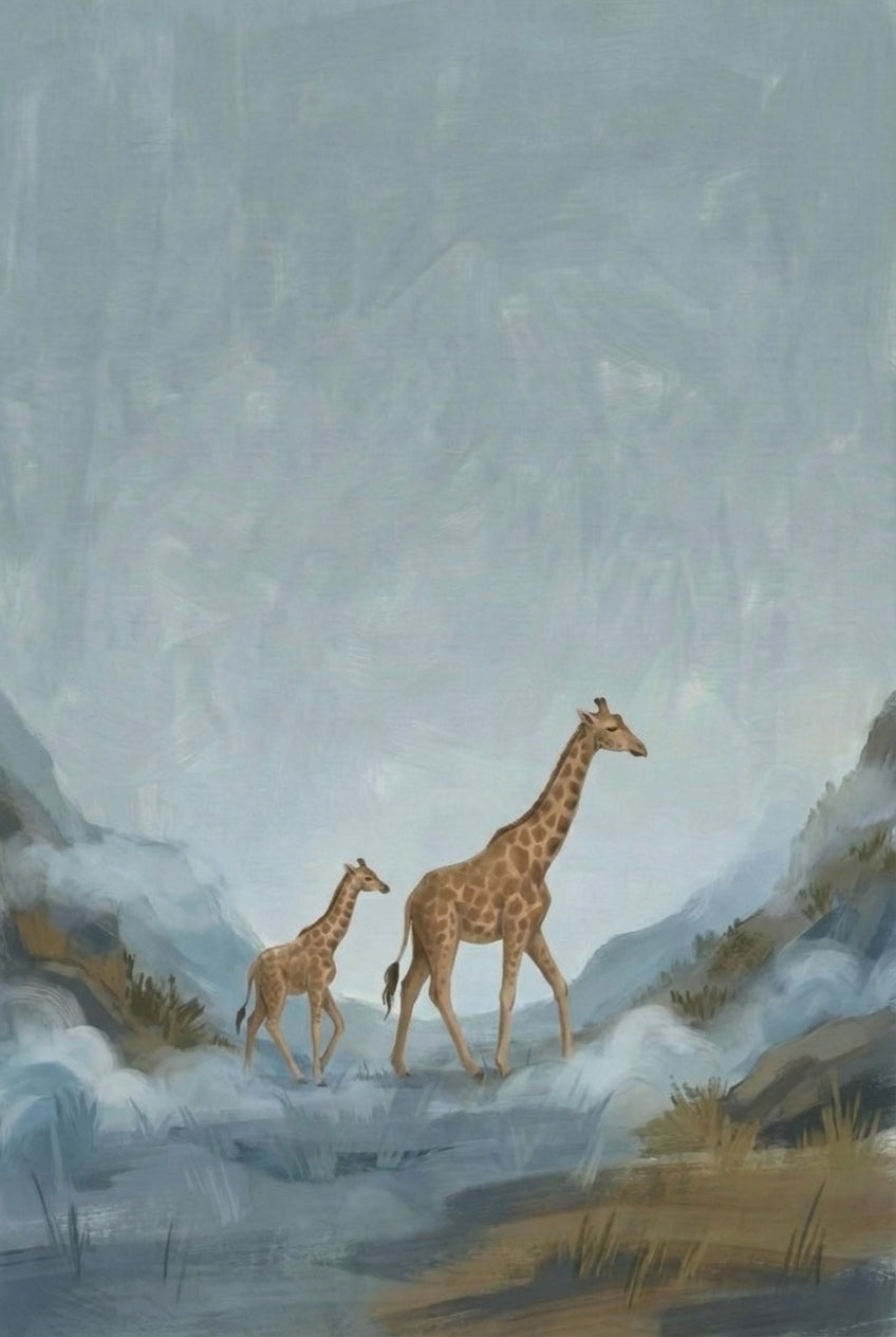 Giraffe Family Misty Mountain Landscape Wall Art - Misty Mountain Giants