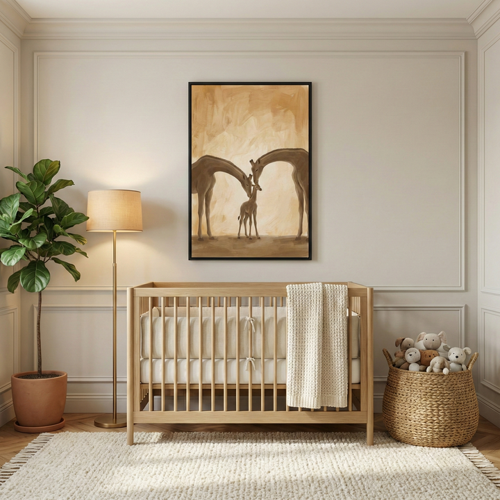 A sophisticated nursery room features a serene, neutral color palette and classic wall molding. Centered against the wall is a light-colored wooden crib dressed in soft white bedding, with a chunky-knit cream blanket draped over its side. Above the crib hangs a large, vertical black-framed artwork showing a family of three giraffes in muted sepia tones. To the left, a vibrant green potted plant sits next to a sleek gold floor lamp with a drum shade. 