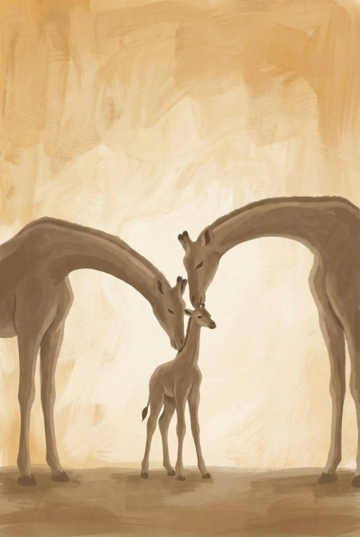 A tender moment of two adult giraffes bending down to lovingly touch noses with a baby giraffe in warm beige tones.
