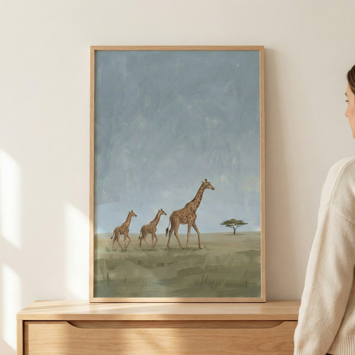 A vertically oriented, light wood-framed art piece hangs on a neutral-toned wall above a light-colored wooden dresser. The artwork within the frame depicts a serene landscape featuring three giraffes—a large adult followed by two smaller ones—walking across a grassy plain. In the distance, a lone, flat-topped tree stands against a vast, atmospheric blue-grey sky. 