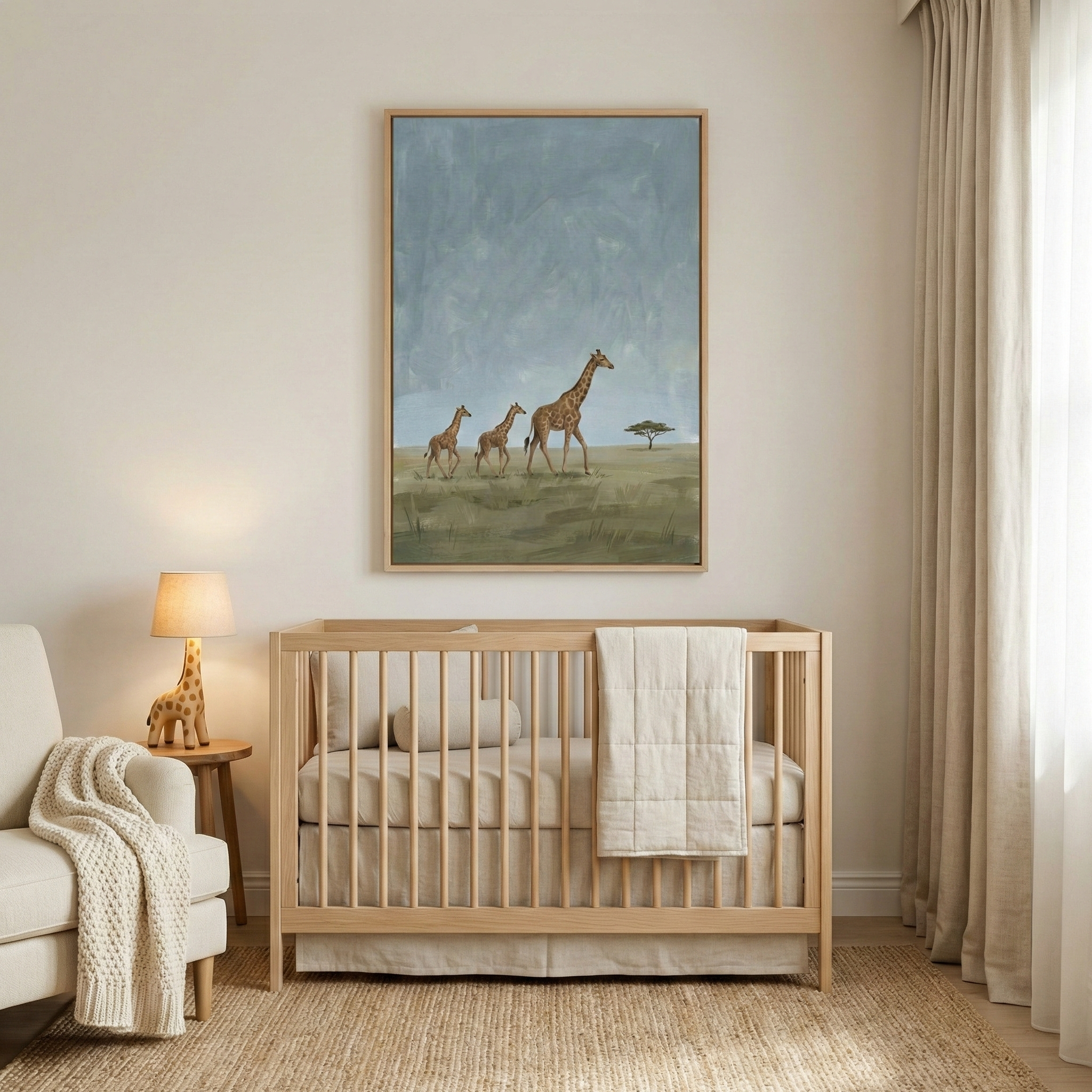A serene nursery features a light wood crib with neutral bedding and a soft blanket. Above it hangs a large framed artwork showing a family of giraffes in a savanna setting under a muted blue sky. To the side, a cozy cream armchair has a chunky knit throw, and a small wood table holds a giraffe-shaped lamp. Elegant beige curtains and a textured natural rug complete the warm, peaceful room design.
