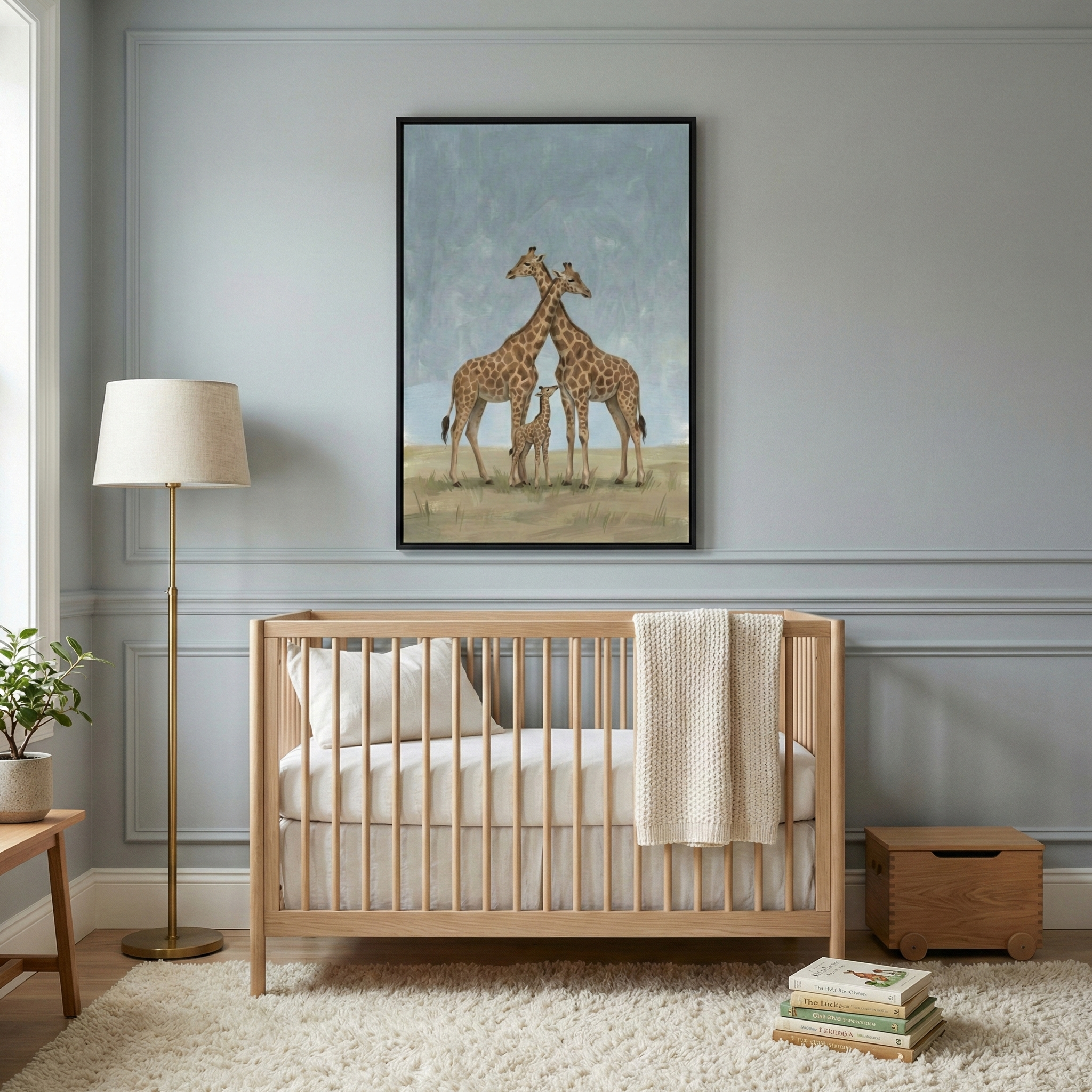 A serene baby nursery features soft blue-gray walls accented with classic decorative molding. Centered above a light-toned wood crib is a large, black-framed vertical artwork depicting a family of three giraffes—two tall adults and one small calf—standing in a grassy field beneath a vast, muted blue sky. The crib is simply dressed with a white mattress, a matching pillow, and a thick, cream-colored knitted blanket draped over its side.


