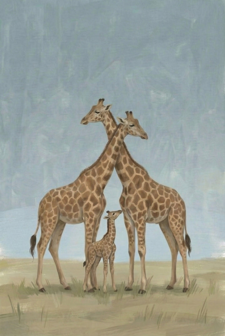 A trio of giraffes standing close together in a protective pose with the baby in the middle, set against a soft blue sky.

