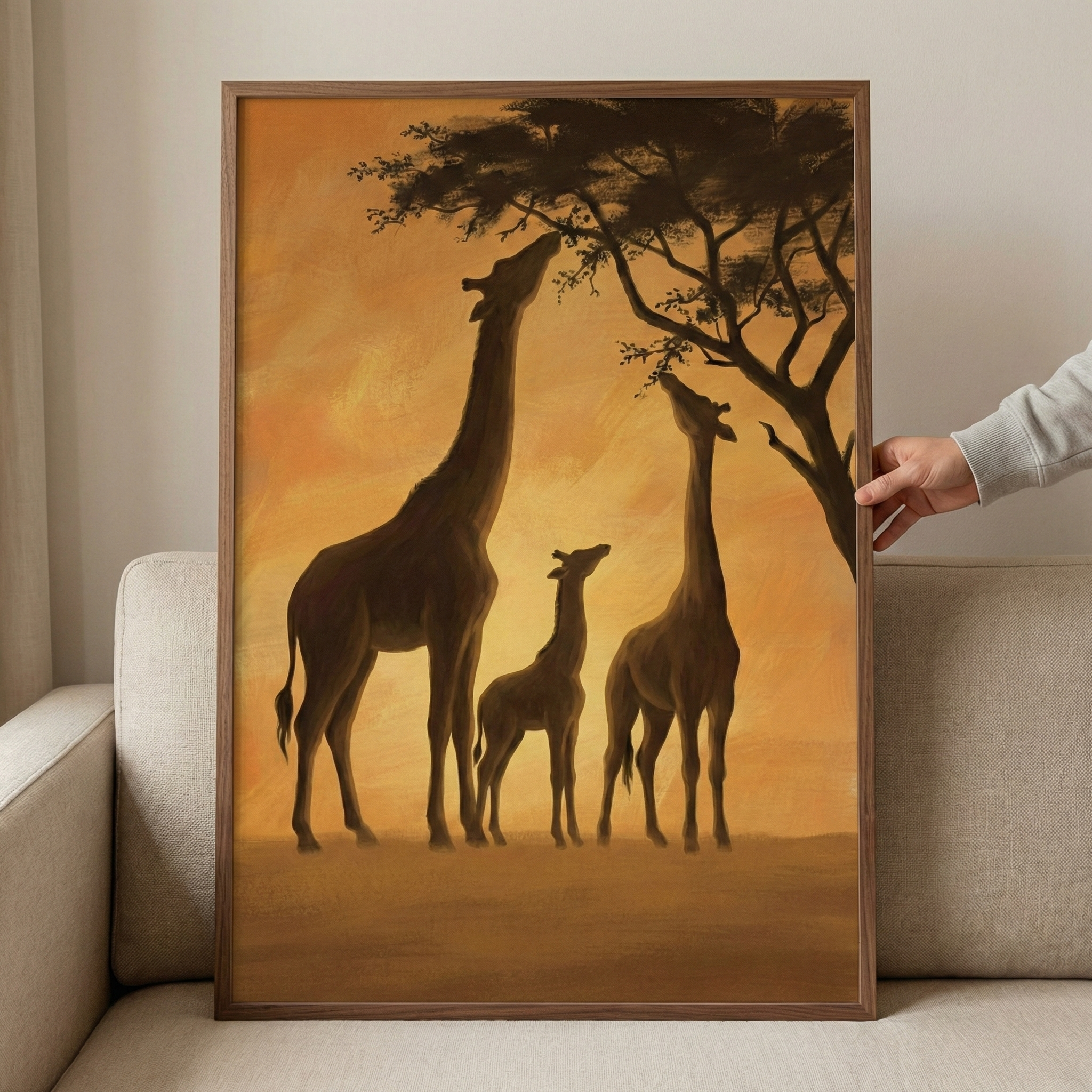 A framed piece of art featuring three silhouetted giraffes in a savanna setting at sunset. A tall giraffe reaches up to feed on the leaves of a large, dark tree, while a smaller calf and another adult giraffe stand nearby. The background is a warm, glowing orange and yellow, with visible texture and brushstrokes. The vertical artwork is held in a simple wooden frame, resting on a light-colored couch.