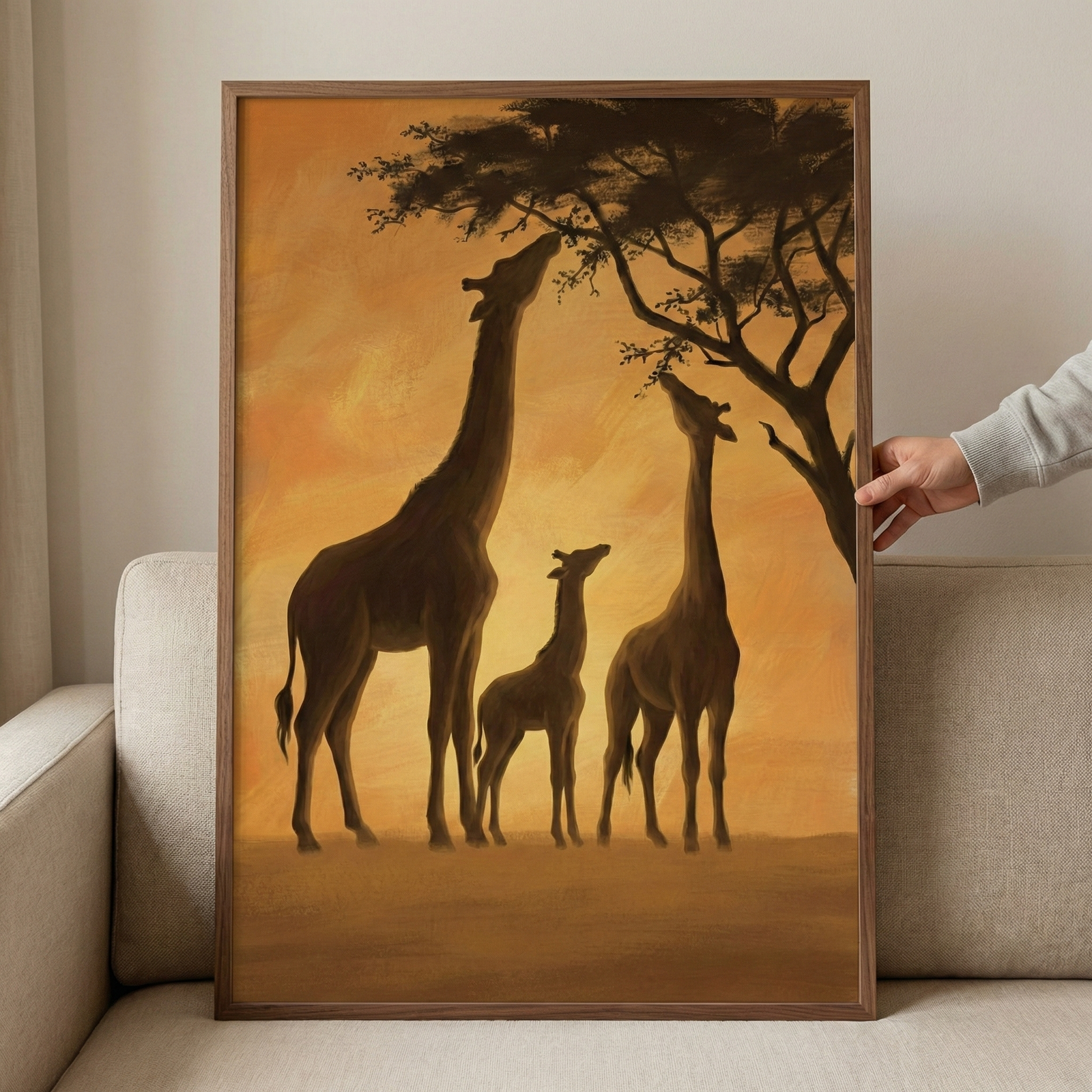 A framed piece of art featuring three silhouetted giraffes in a savanna setting at sunset. A tall giraffe reaches up to feed on the leaves of a large, dark tree, while a smaller calf and another adult giraffe stand nearby. The background is a warm, glowing orange and yellow, with visible texture and brushstrokes. The vertical artwork is held in a simple wooden frame, resting on a light-colored couch.