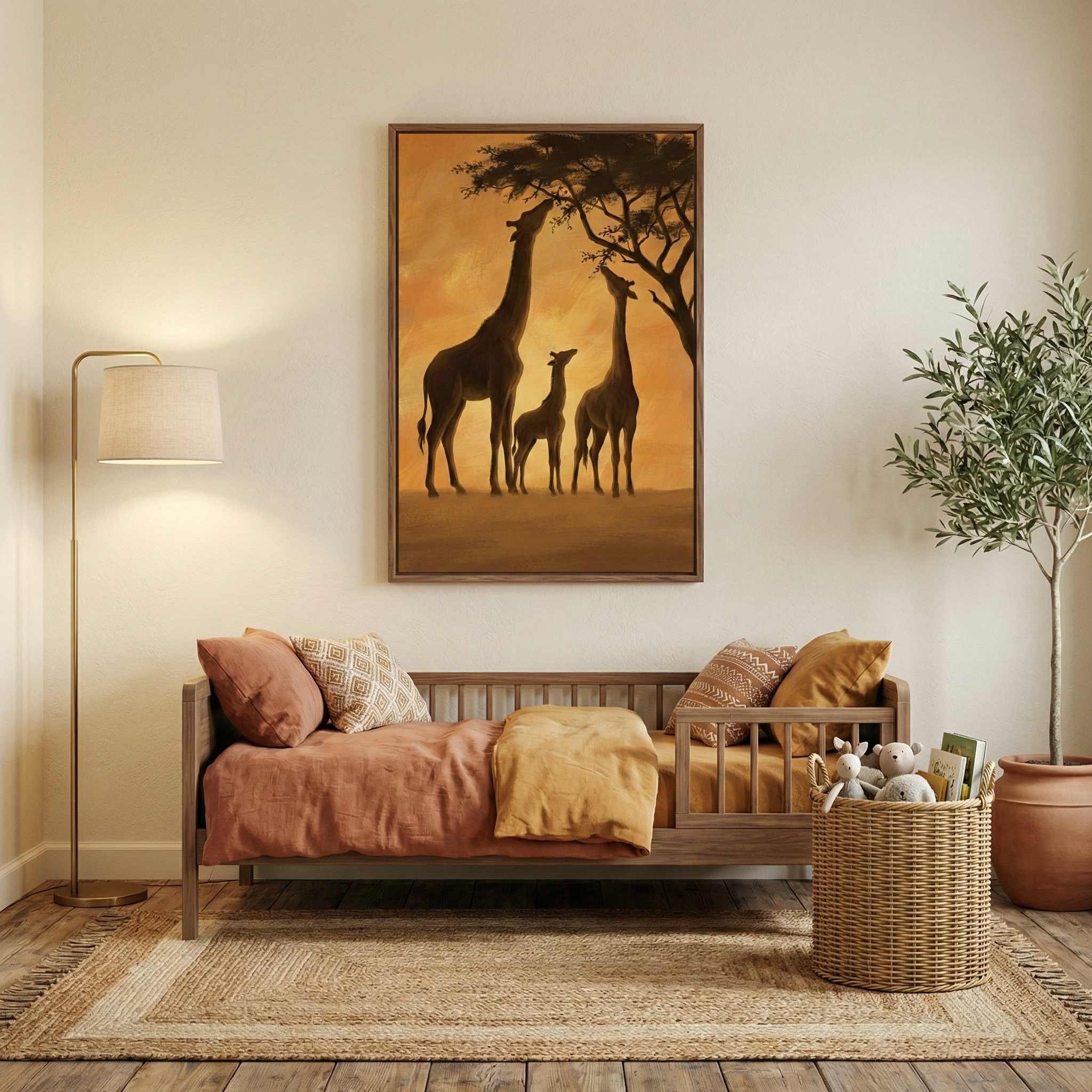 A warm and inviting nursery or child's bedroom features an earthy safari theme. Centered on a light cream wall is a large framed vertical artwork depicting the silhouettes of three giraffes—two tall adults and one smaller calf—standing on an African savanna and reaching for the leaves of a tree against a glowing orange and yellow sunset. 

