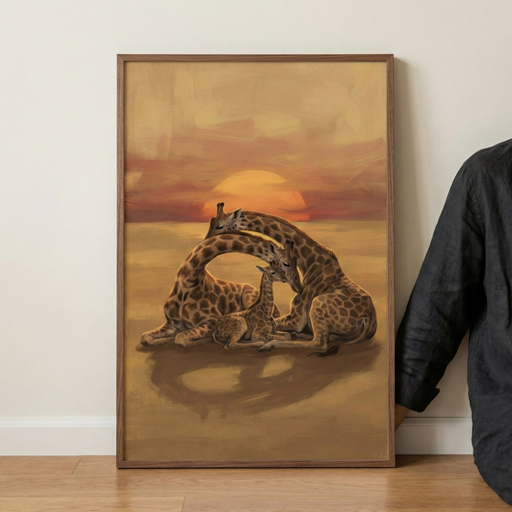 A vertical framed art piece captures a serene scene of three giraffes in a vast desert at sunset. Two adult giraffes are reclined on the sand, their long necks gracefully arching towards each other to form a heart shape around a small calf resting in the center. The background features a glowing sun low on the horizon, illuminating a sky filled with soft orange and amber clouds. The warm-toned illustration is presented in a slim wooden frame, held by a person in dark clothing.