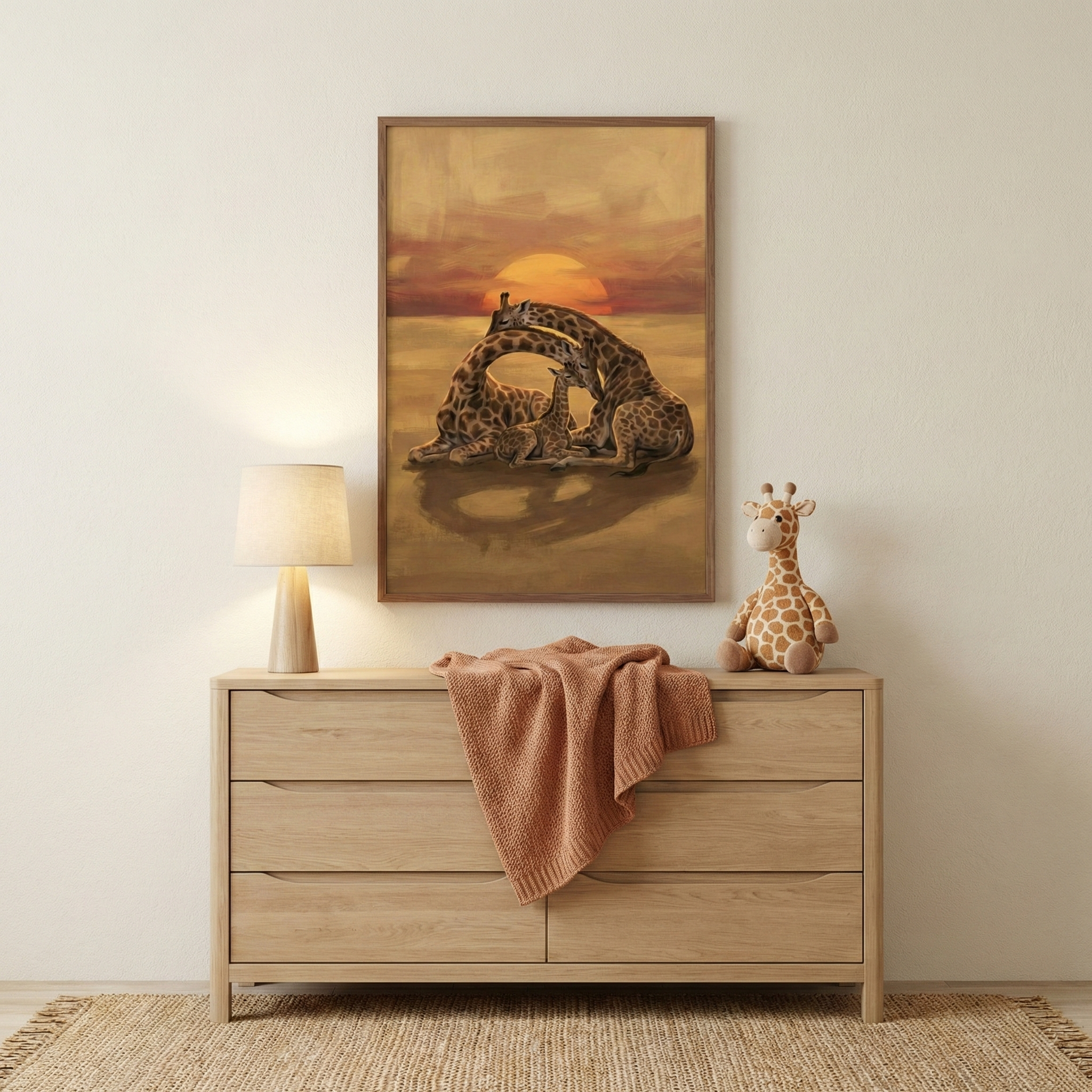 A cozy nursery features a framed artwork centered above a light wood dresser. The illustration depicts three giraffes huddled together under a vibrant sunset sky. On the dresser, a modern lamp sits to the left of a textured, rust-colored blanket and a small spotted giraffe plush toy. The scene is set against an off-white textured wall and rests on a natural woven rug, creating a serene and gentle atmosphere for a child's room.