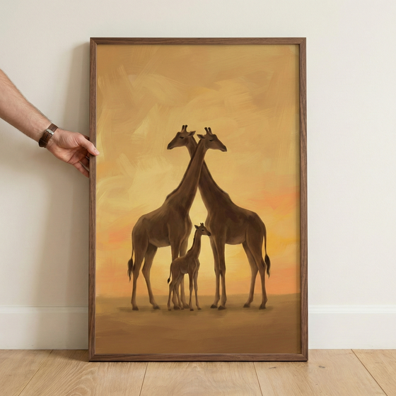 Giraffe Family Warm Sunset Glow Wall Art - Golden Savannah Family