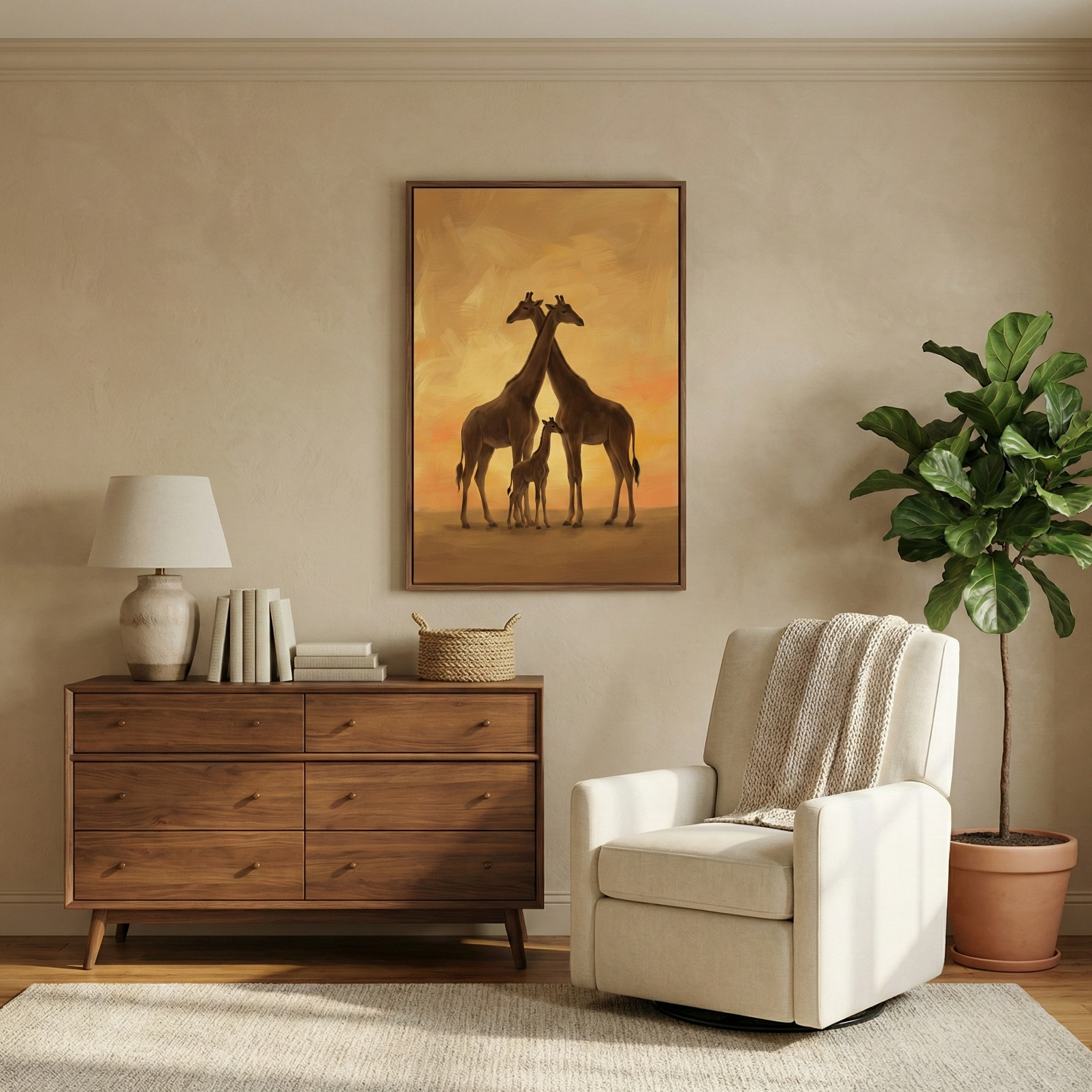 A vertical framed illustration of three giraffes—two tall adults and one smaller calf standing between them—is mounted on a light beige wall. The giraffes are depicted in silhouette against a warm, hazy golden and orange background that evokes a sunset. Below the framed artwork sits a six-drawer wooden dresser with a mid-century modern aesthetic, finished in a medium brown tone. On the left side of the dresser, there's a white table lamp with a textured ceramic base and a stack of various books. 
