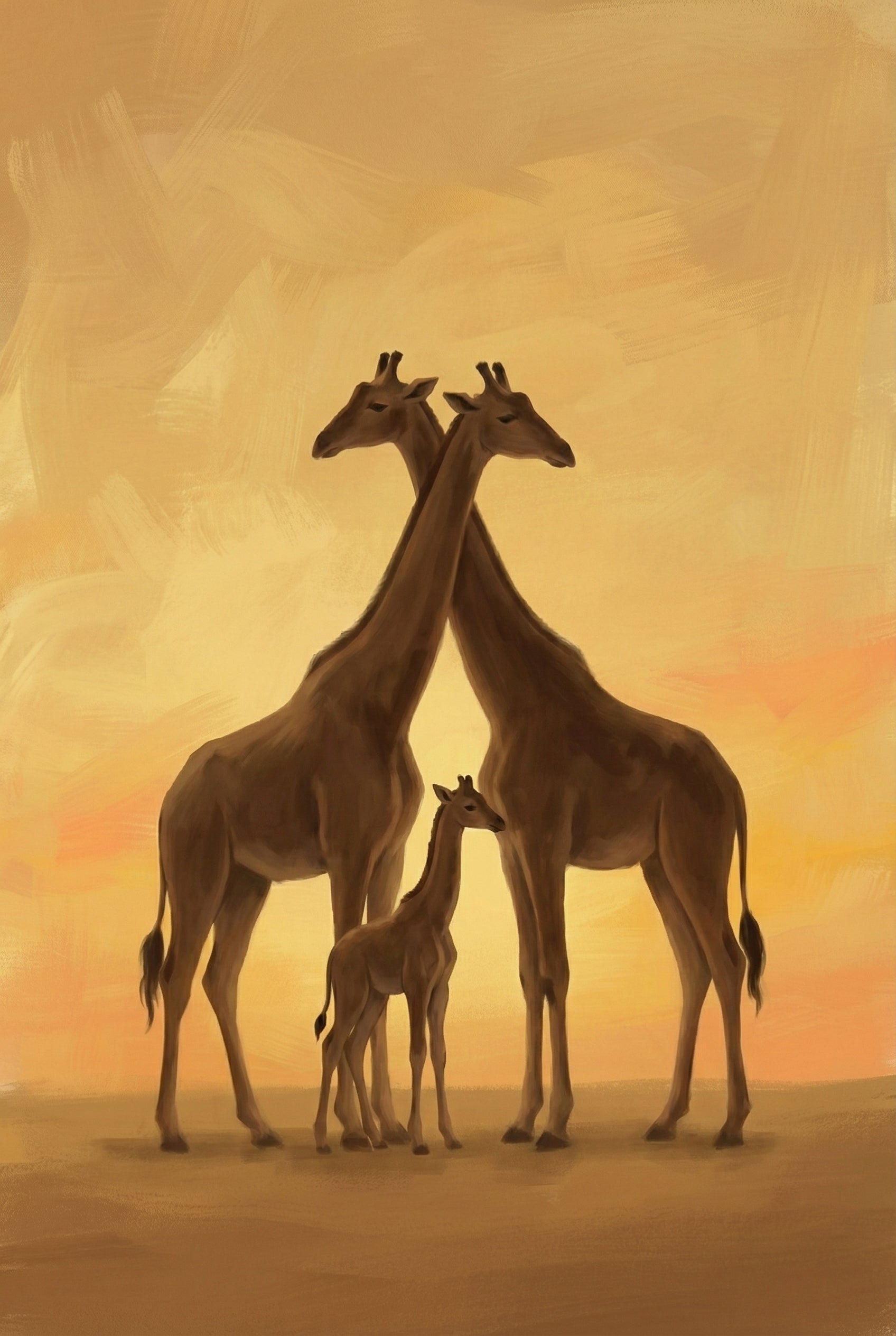 Giraffe Family Warm Sunset Glow Wall Art - Golden Savannah Family