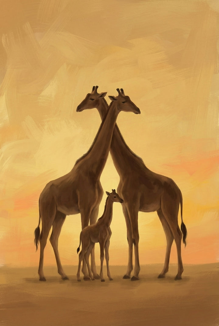 A giraffe family of three standing still in a serene pose, surrounded by golden evening light and a textured sky.

