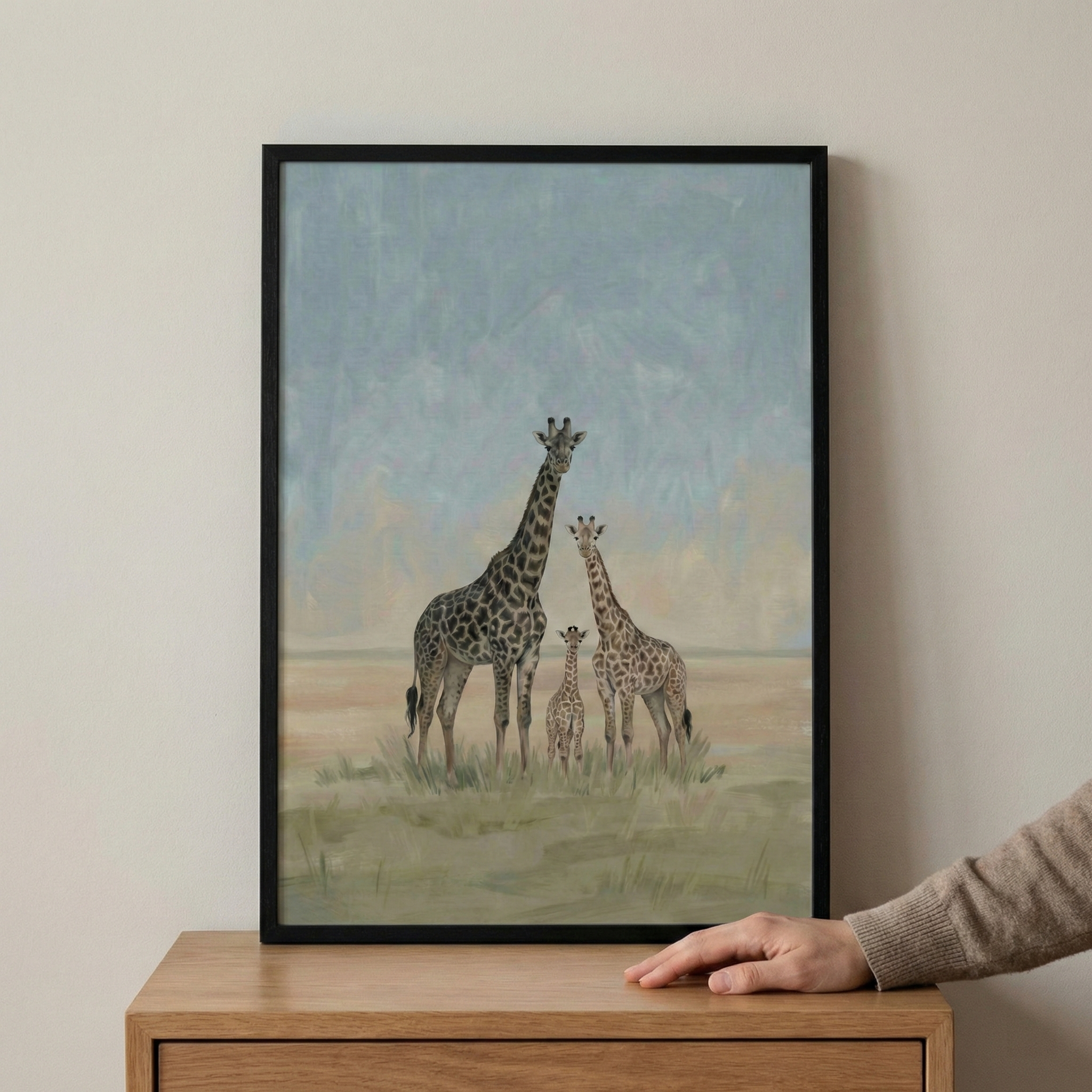A framed piece of wildlife art shows a family of three giraffes—an adult, a juvenile, and a calf—standing together in a grassy field. The background consists of a soft, hazy sky and a simple horizon. The artwork features muted colors and a textured, illustrative style. It is encased in a black frame and displayed on a wooden surface, with a person's hand resting near the bottom corner.