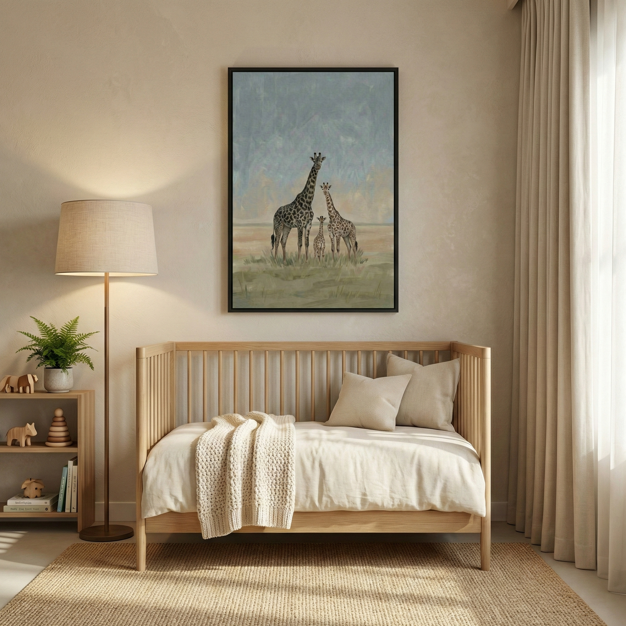 A serene nursery features a light-colored wooden daybed against a beige wall, dressed in cream linens and a chunky knit throw. Above it hangs a large framed artwork showing a trio of giraffes in a soft-hued grassy landscape. A floor lamp with a drum shade and a small shelf with wooden toys and a potted plant stand to the left. Long beige curtains frame a window on the right, while a natural woven rug covers the floor, creating a warm and minimalist atmosphere.