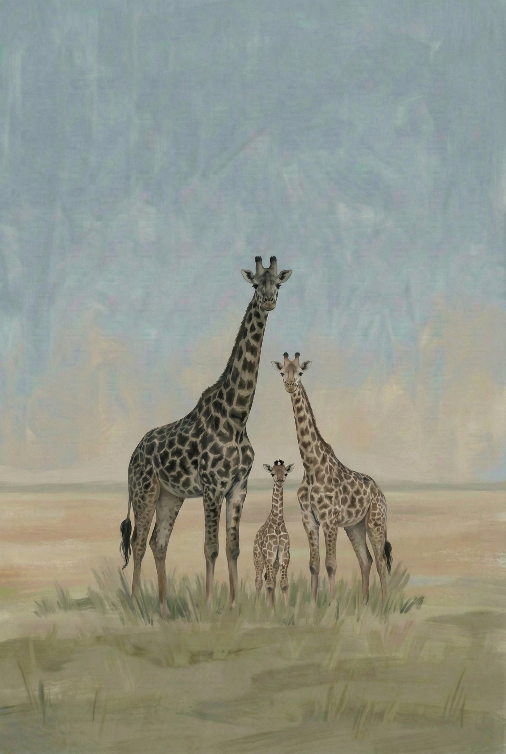 Painting of three giraffes—two tall adults and a calf—standing closely together in grassy terrain under a soft blue and tan sky in an open savanna.
