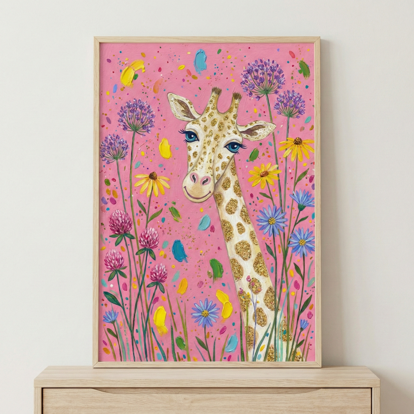 A whimsical illustration features a cheerful giraffe with blue eyes and shimmering gold spots. It peeks out from a cluster of colorful wildflowers, including purple alliums, yellow daisies, and pink clovers. The background is a vibrant pink dotted with playful specks of yellow, blue, and green. The artwork is encased in a light wood frame and displayed on a wooden surface against a neutral wall.