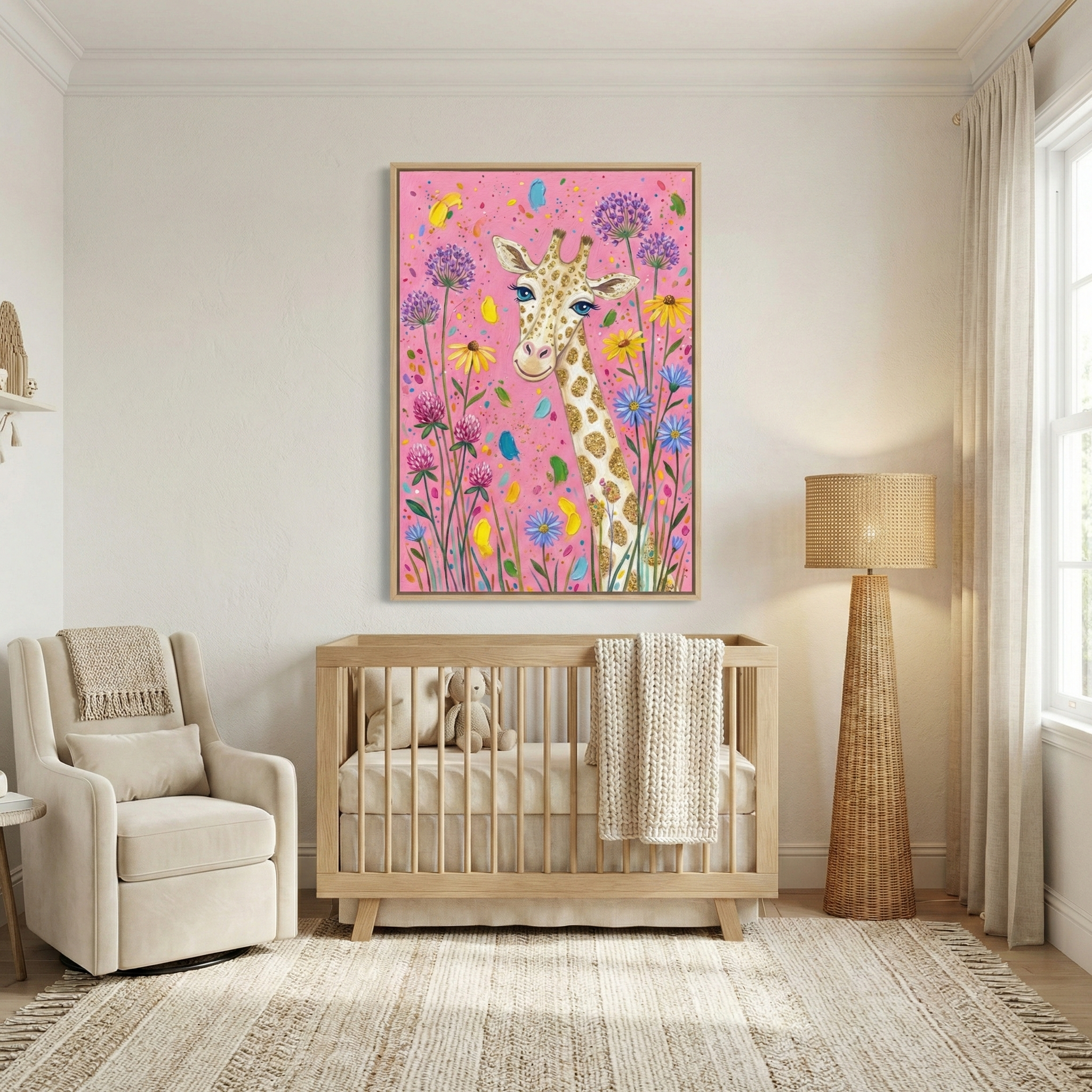 A bright and airy nursery features a light-wood crib against a neutral wall. Above the crib hangs a large framed illustration of a whimsical giraffe with expressive blue eyes, surrounded by colorful wildflowers against a vivid pink backdrop. To the left is a plush cream armchair with a matching throw. To the right, a tall floor lamp with a woven texture stands near a window draped with white curtains. A neutral woven rug with fringes covers the floor, completing the peaceful scene.