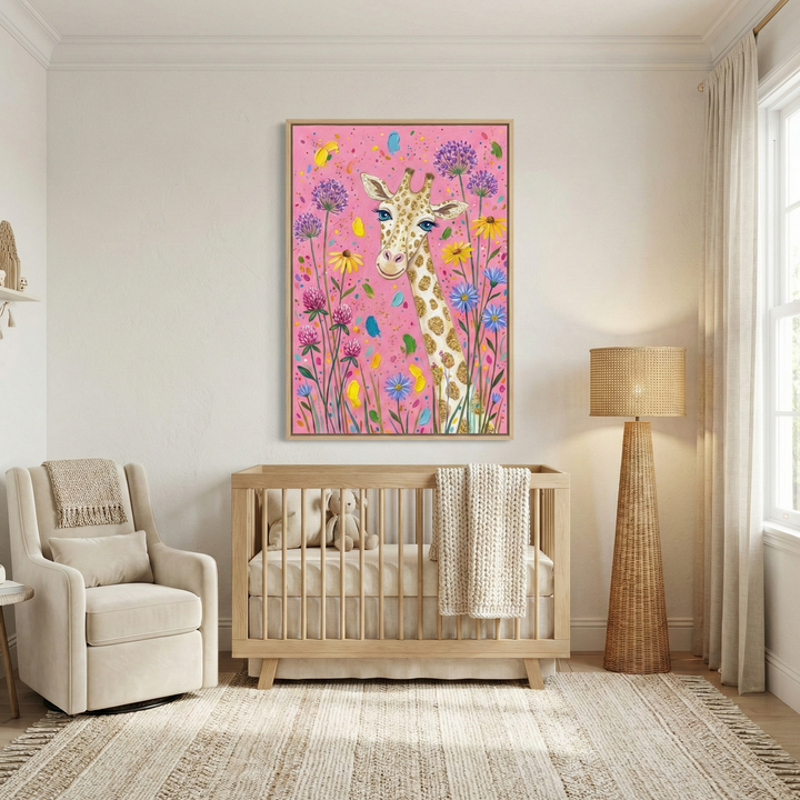 A bright and airy nursery features a light-wood crib against a neutral wall. Above the crib hangs a large framed illustration of a whimsical giraffe with expressive blue eyes, surrounded by colorful wildflowers against a vivid pink backdrop. To the left is a plush cream armchair with a matching throw. To the right, a tall floor lamp with a woven texture stands near a window draped with white curtains. A neutral woven rug with fringes covers the floor, completing the peaceful scene.