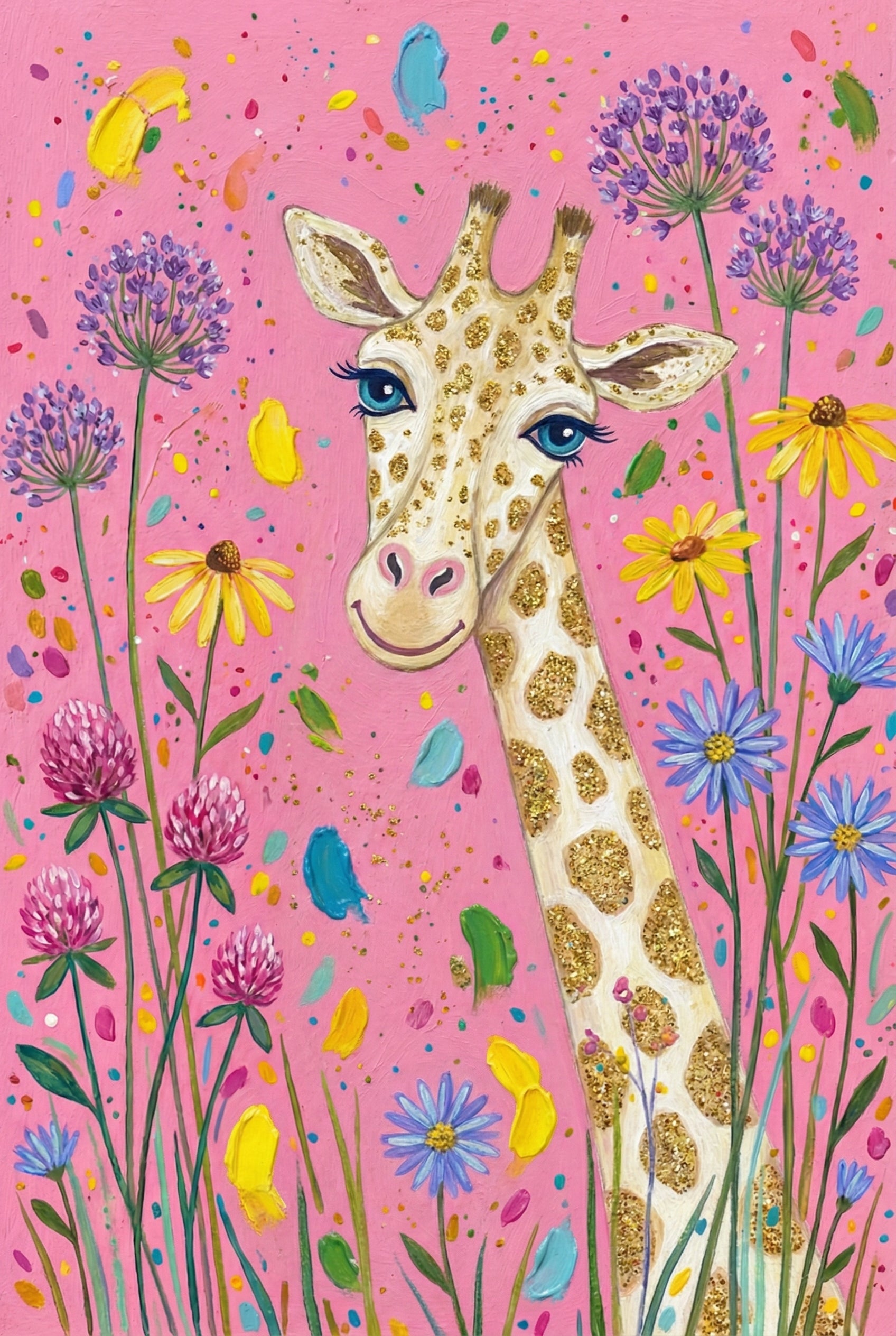 A giraffe with golden glitter spots and long lashes stands among purple, yellow, and blue flowers. The background is vibrant pink with playful paint splatters and floating petals.