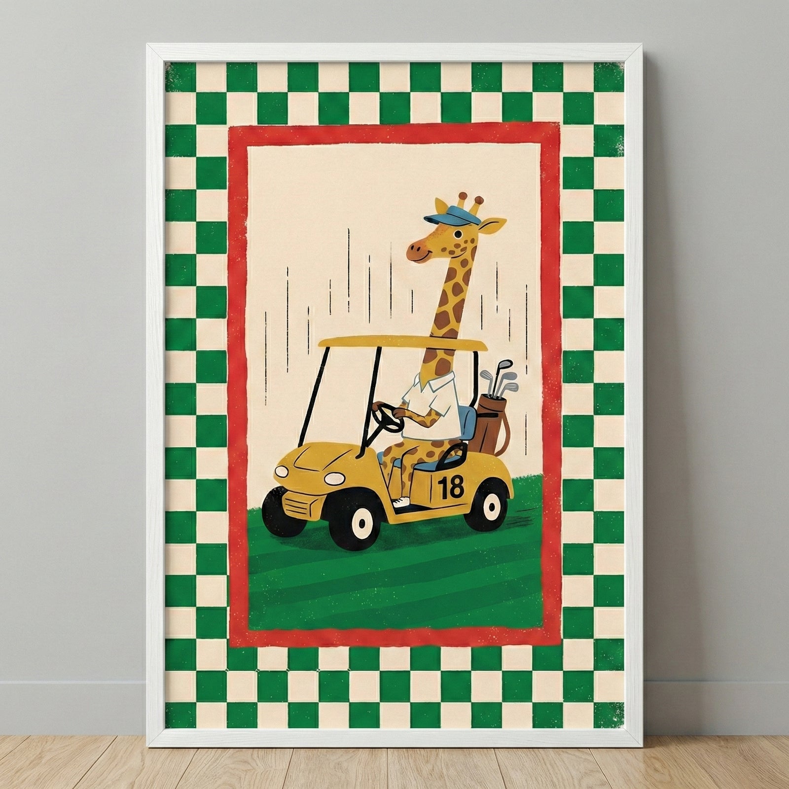 A framed whimsical illustration featuring a cartoon giraffe driving a yellow golf cart across a green field. The giraffe wears a blue visor and a white collared shirt. The golf cart has the number "18" printed on its side and carries a brown bag filled with clubs in the back. The central scene is enclosed by a red border, which is further surrounded by a green and cream checkered pattern. The entire piece is held in a plain white frame against a neutral-toned wall.