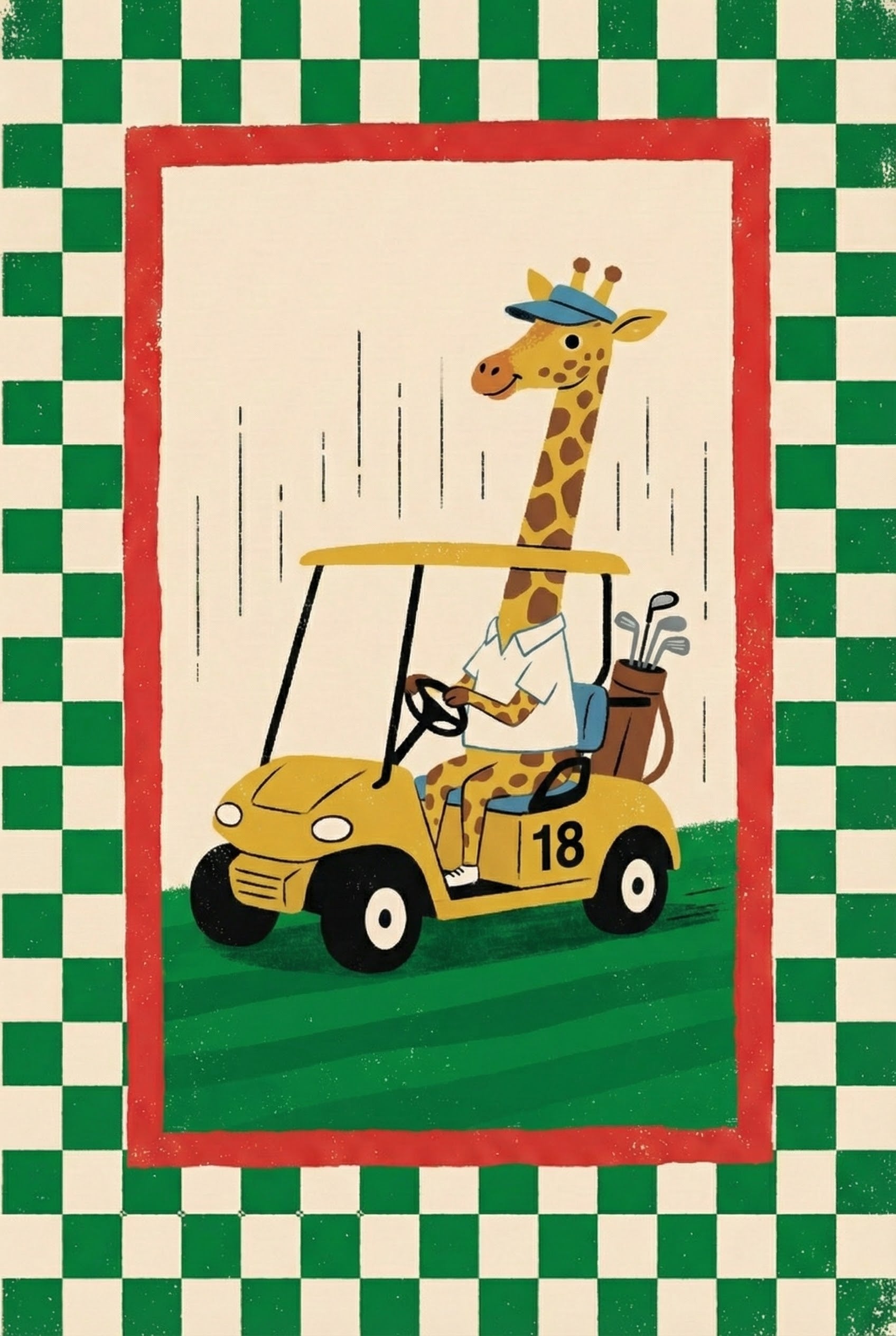 Illustration of a giraffe driving a yellow golf cart labeled “18,” with a set of golf clubs in the back, wearing a white polo shirt and visor against a green checkered frame.