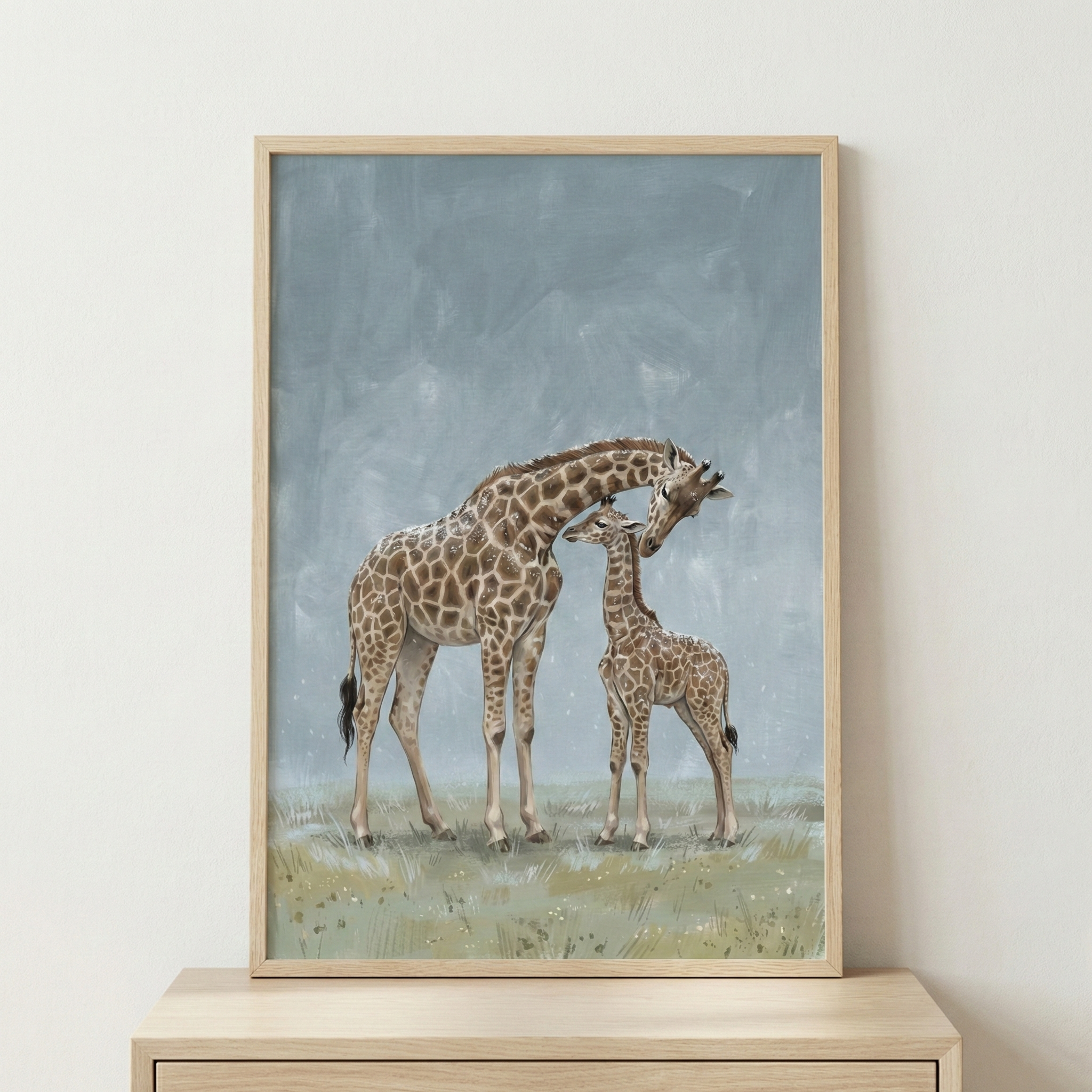A vertical framed artwork depicts a tender moment between an adult giraffe and its young calf. The adult giraffe is shown leaning its long neck down so its head can gently touch the forehead of the smaller giraffe. Both animals feature realistic spotted patterns in various shades of brown and tan. They stand on a pale green and brown grassy field dotted with tiny white floral accents.
