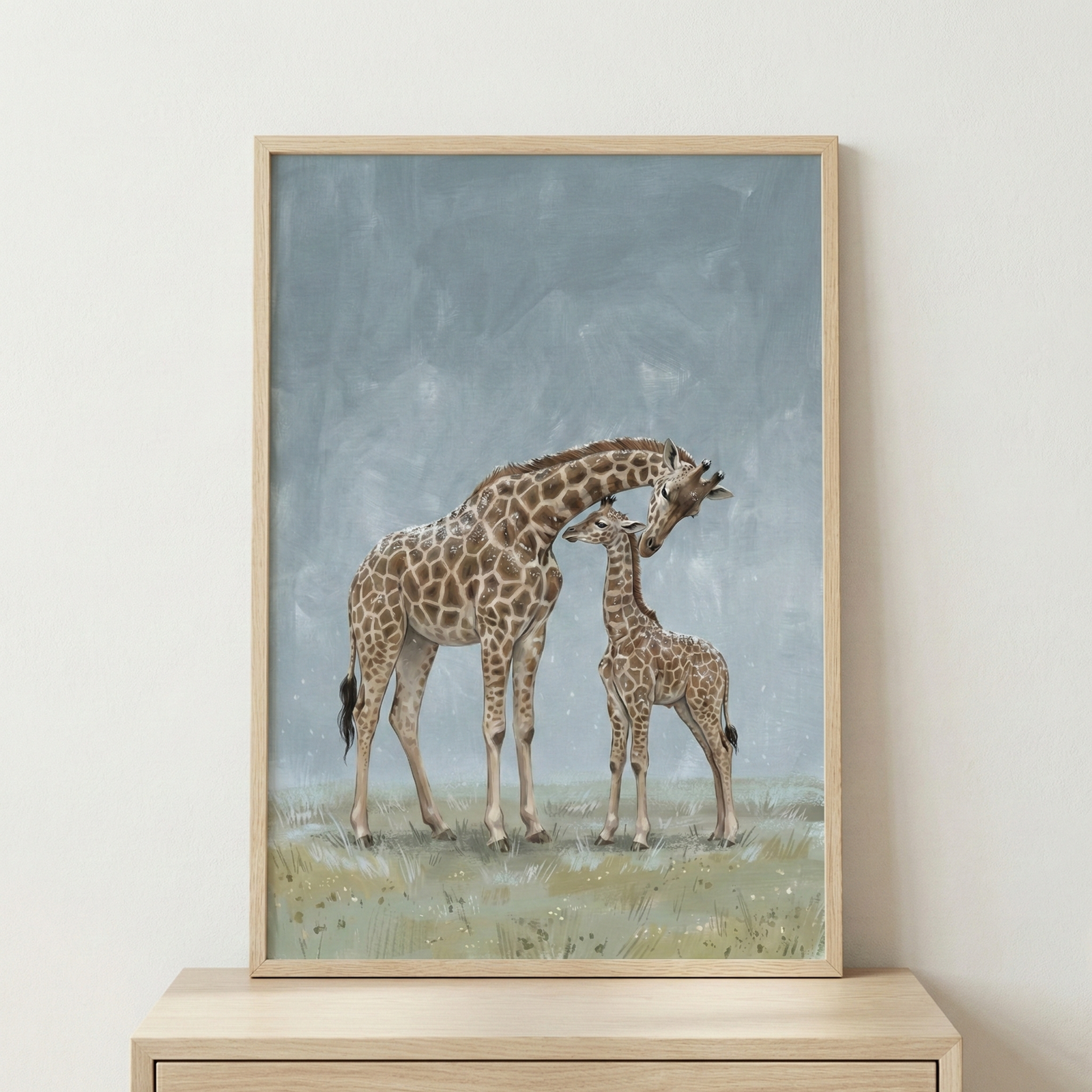 A vertical framed artwork depicts a tender moment between an adult giraffe and its young calf. The adult giraffe is shown leaning its long neck down so its head can gently touch the forehead of the smaller giraffe. Both animals feature realistic spotted patterns in various shades of brown and tan. They stand on a pale green and brown grassy field dotted with tiny white floral accents.

