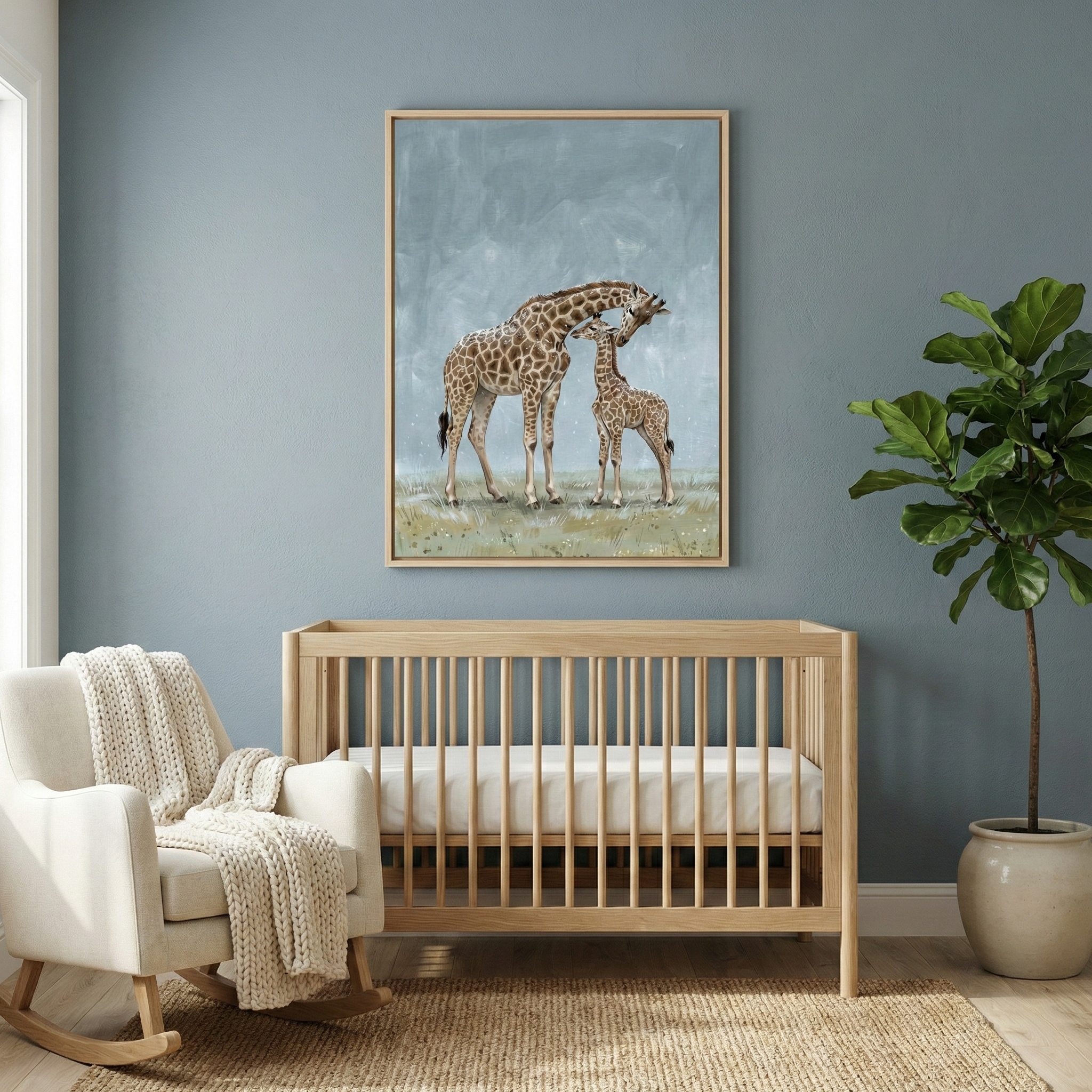 A serene nursery scene features a light-toned wooden crib centered against a muted blue wall. Above the crib hangs a large framed illustration of a tall giraffe and its smaller offspring in a gentle, affectionate pose. To the left, a white upholstered rocking chair is draped with a textured, cream-colored knit blanket. On the right side, a vibrant green potted plant adds a touch of nature. The entire room is anchored by a natural woven rug, creating a calm and inviting space.