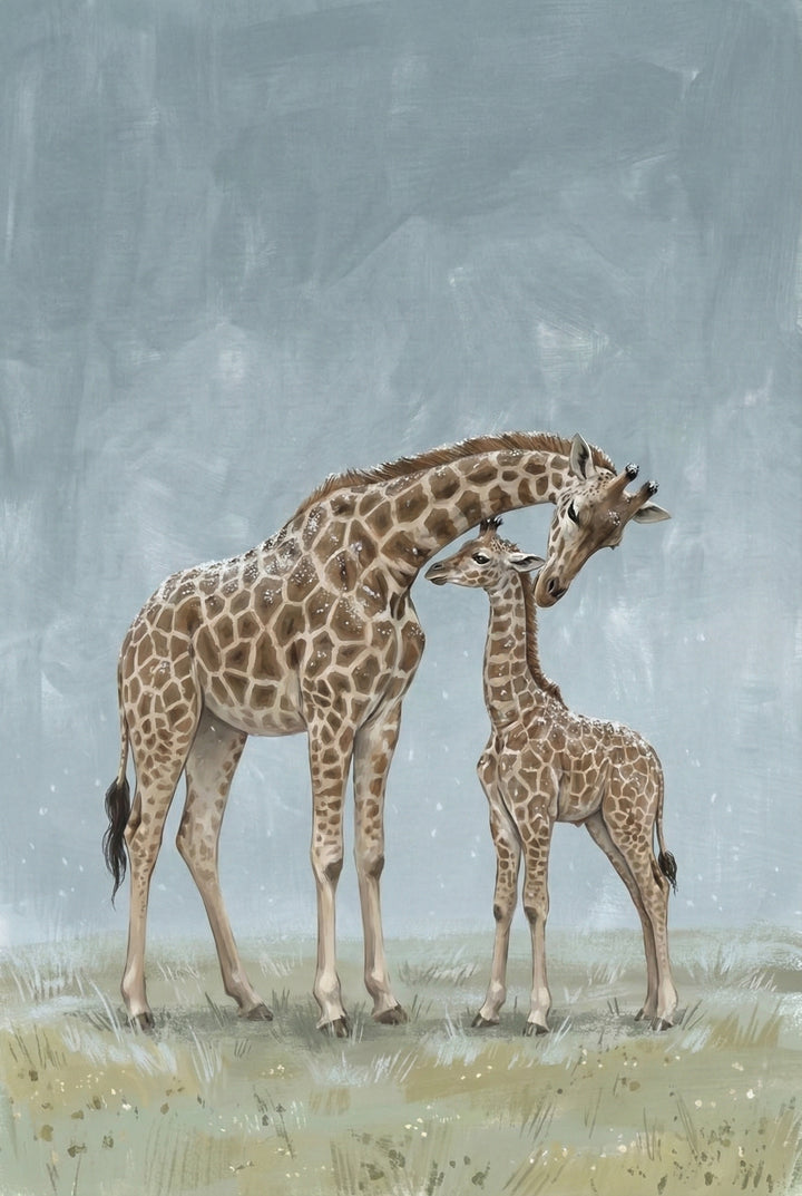 An adult giraffe nuzzles a young calf in a snowy grassland with a pale blue sky as the backdrop.
