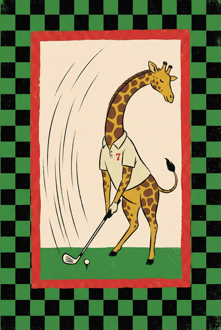 Illustration of a giraffe mid-swing on a golf course, wearing a white polo shirt labeled “7,” with a green and black checkered border and motion lines showing the swing.